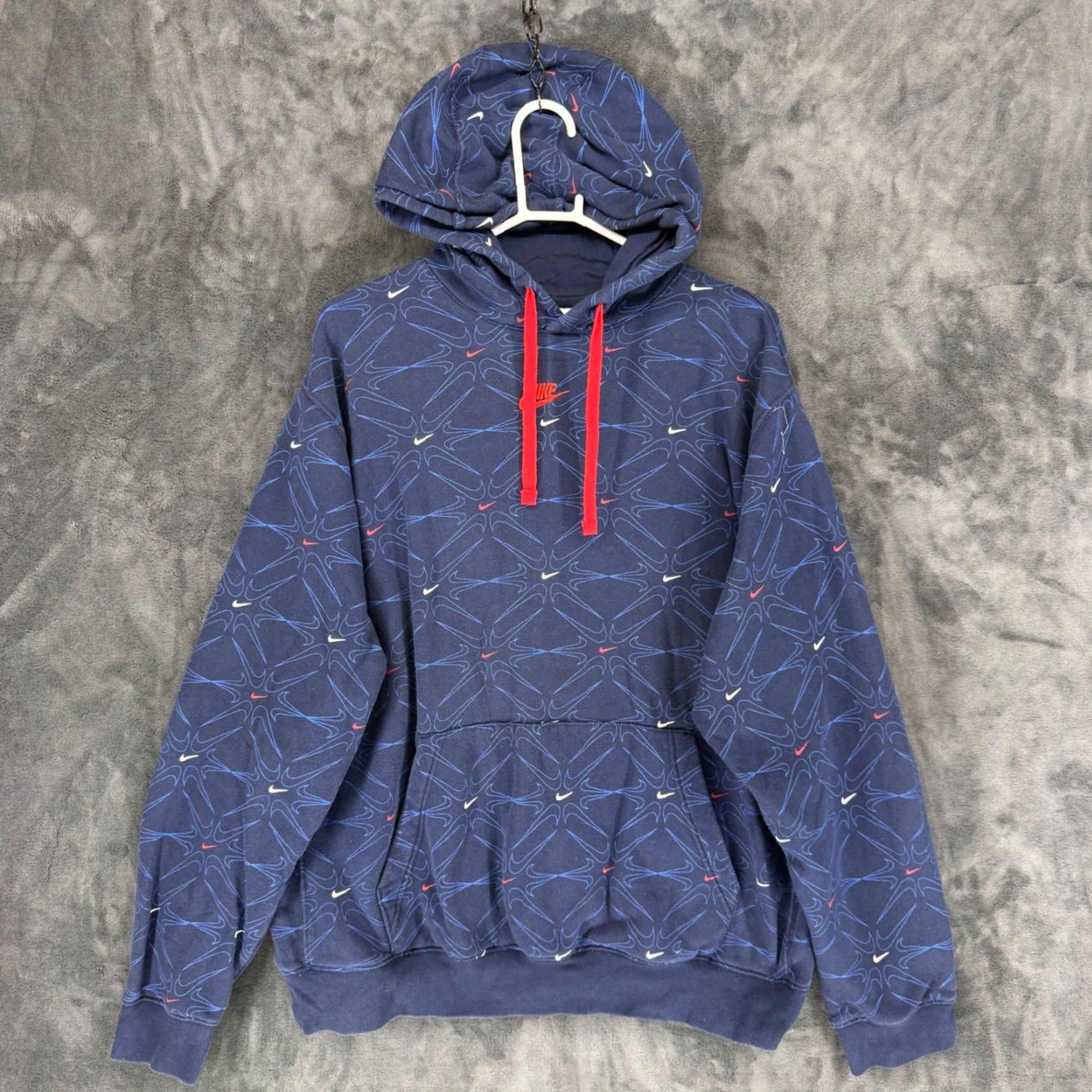 Nike Nike Mens XL Tall Navy Blue All Over Print Swoosh Fleece Hoodie DM7930-451 Size US XL / EU 56 / 4 - 2 Thumbnail