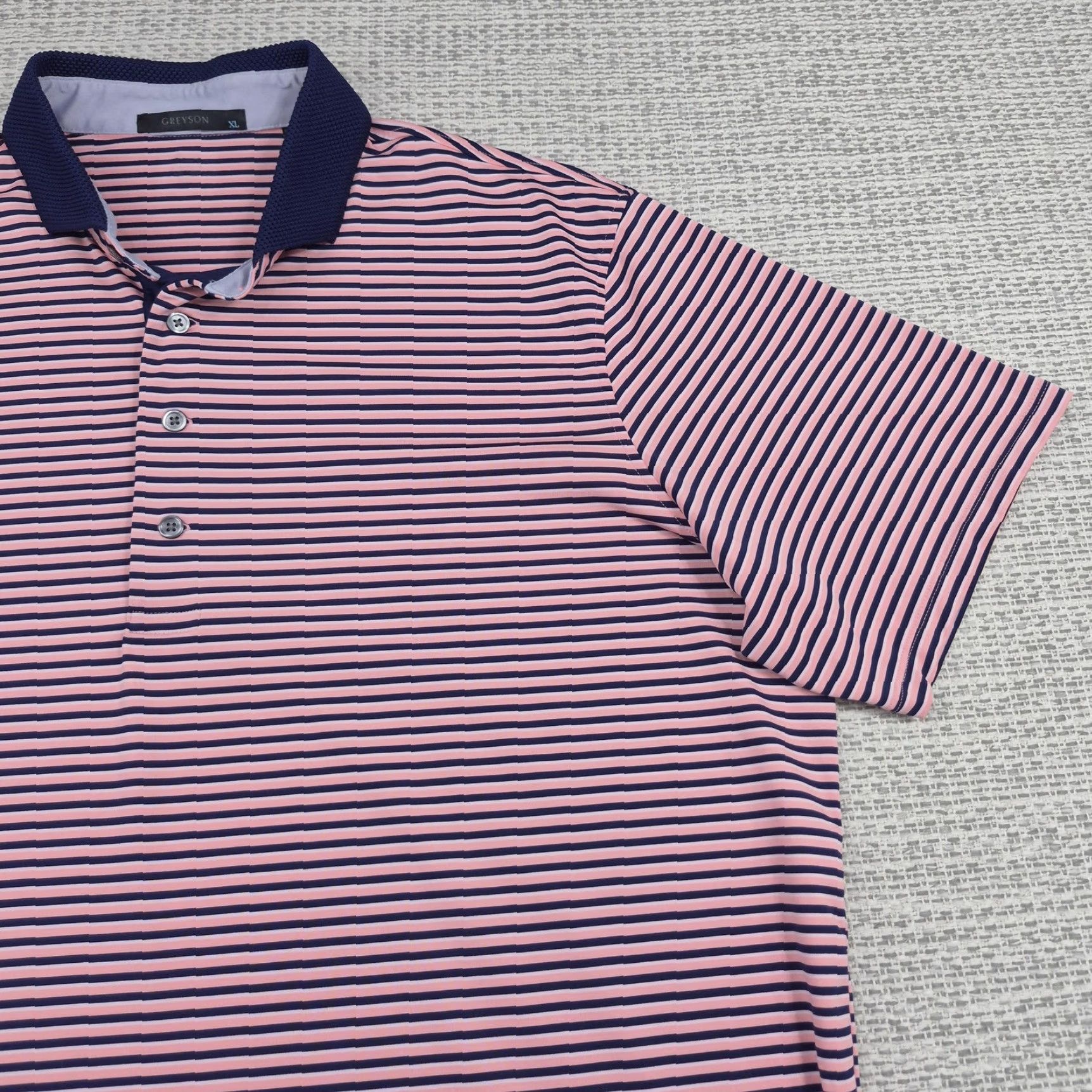 Vintage Greyson Polo Shirt Mens XL Pink Navy Stripe Knit Short Sleeve Golf Performance Size US XL / EU 56 / 4 - 2 Thumbnail