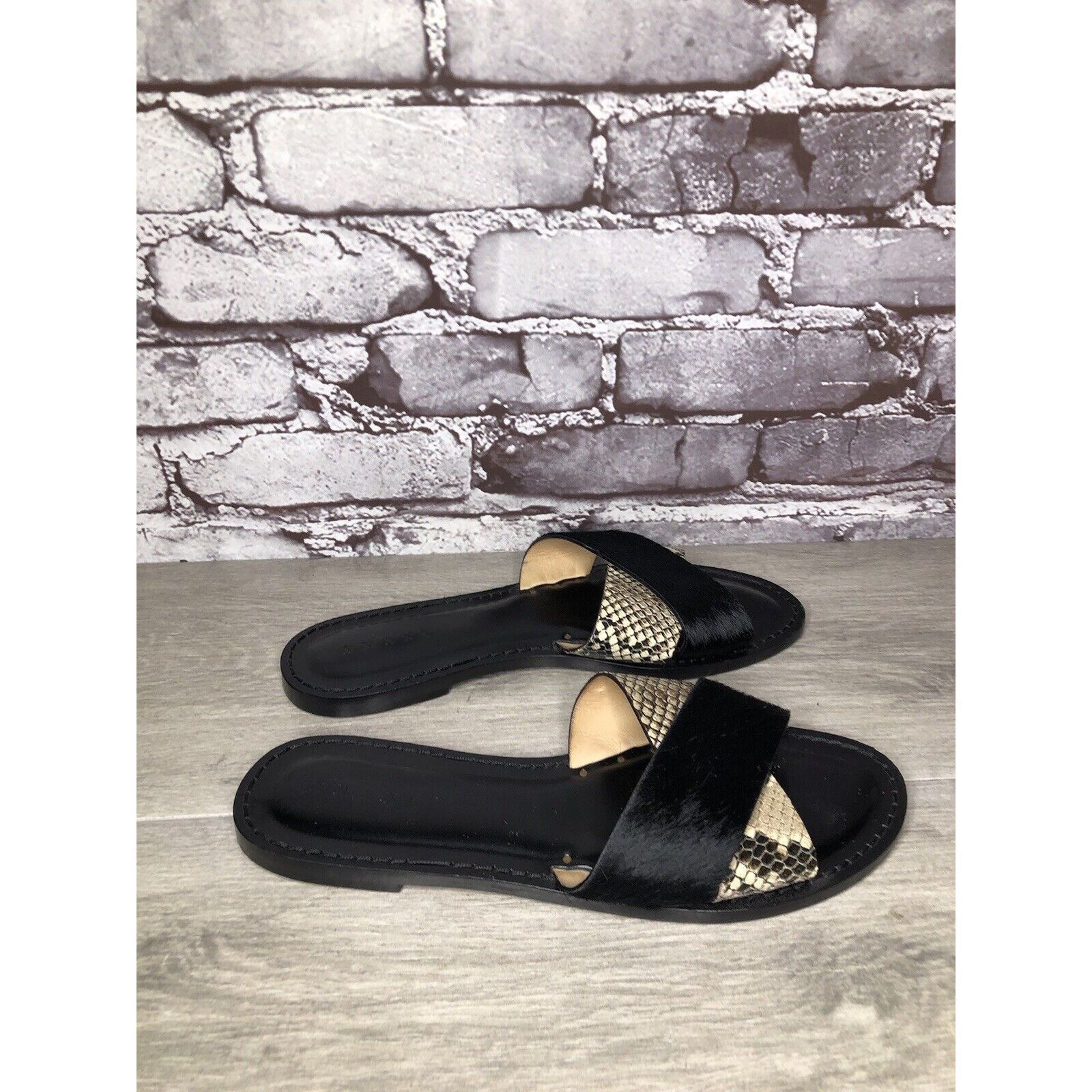 Other Amanu Black Calf Hair Leather Python Cross Strap Slides Sand Size US 9 / IT 39 - 13 Thumbnail