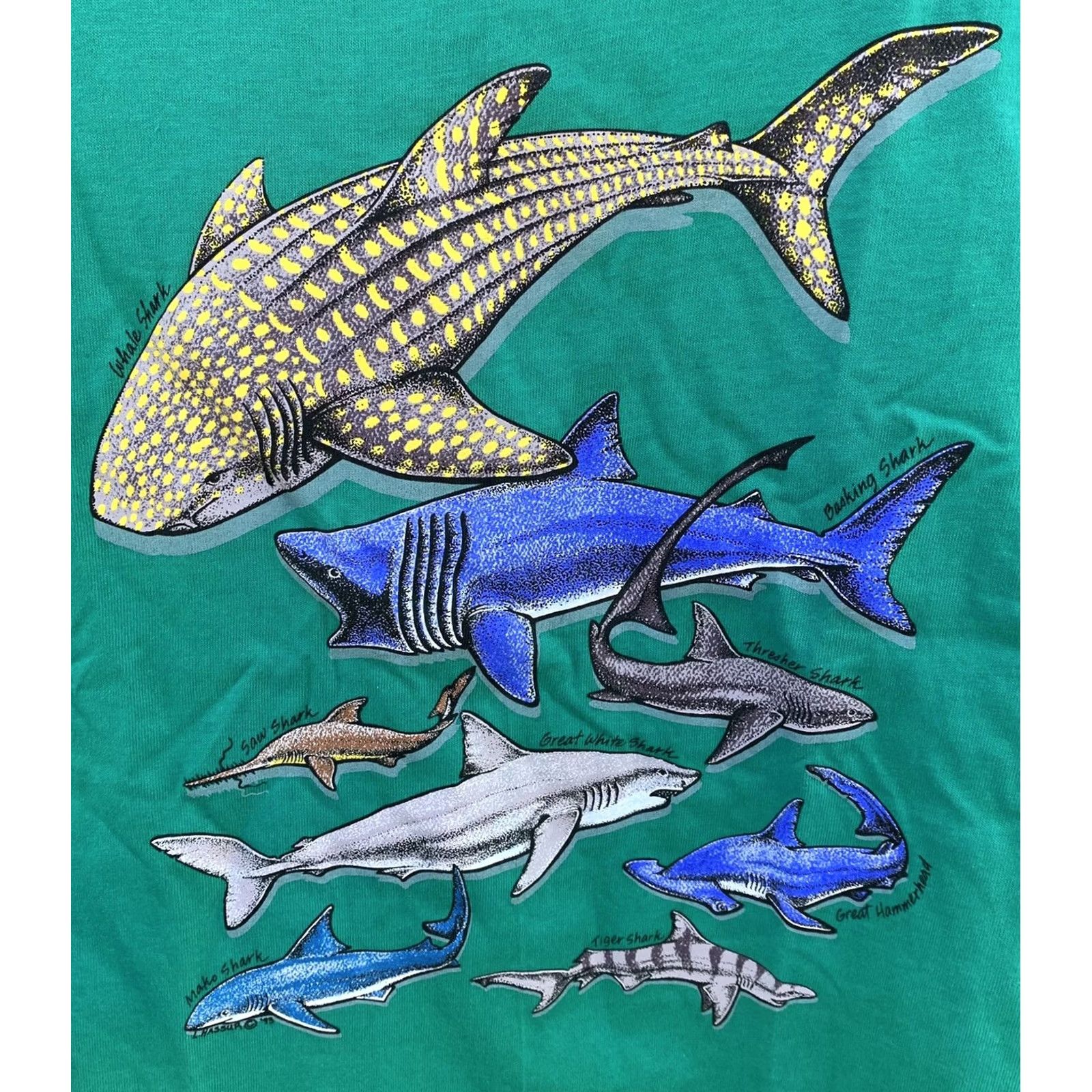 Anvil VINTAGE Shark Sharks Tank Top Made In USA M Medium Green 1990s Graphic Tee Mens Size US M / EU 48-50 / 2 - 2 Thumbnail