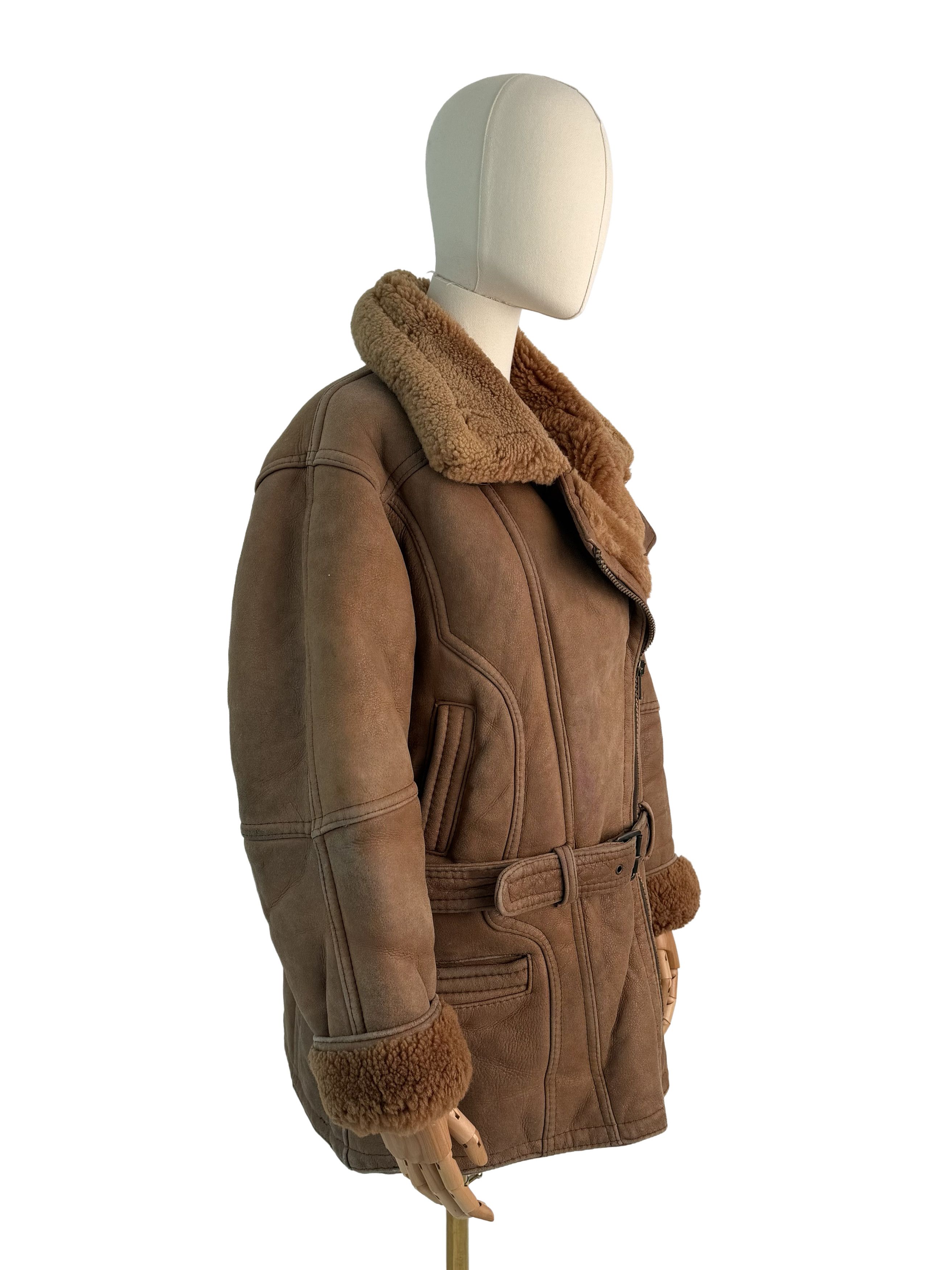 Vintage Vintage Real Shearling Sheepskin Aviator Coat Belted Jacket Size L / US 10 / IT 46 - 1 Thumbnail