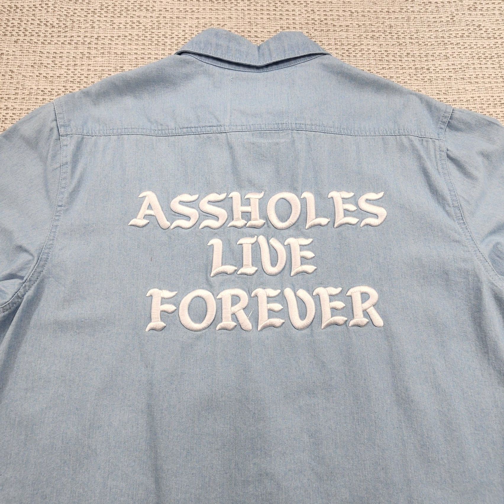 Denime Aholes Live Forever Shirt 2XL Mens Blue Denim Button Up Embroidered Slogan XXL Size US XXL / EU 58 / 5 - 3 Thumbnail