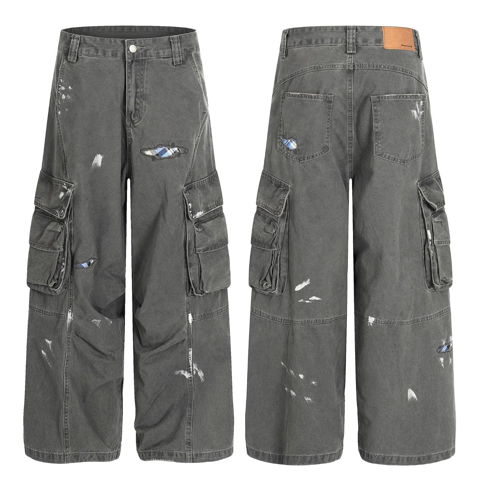 Japanese Brand Gray Distressed Wide Leg Cargo Jeans, Relaxed Fit Pants Size US 32 / EU 48 - 5 Thumbnail