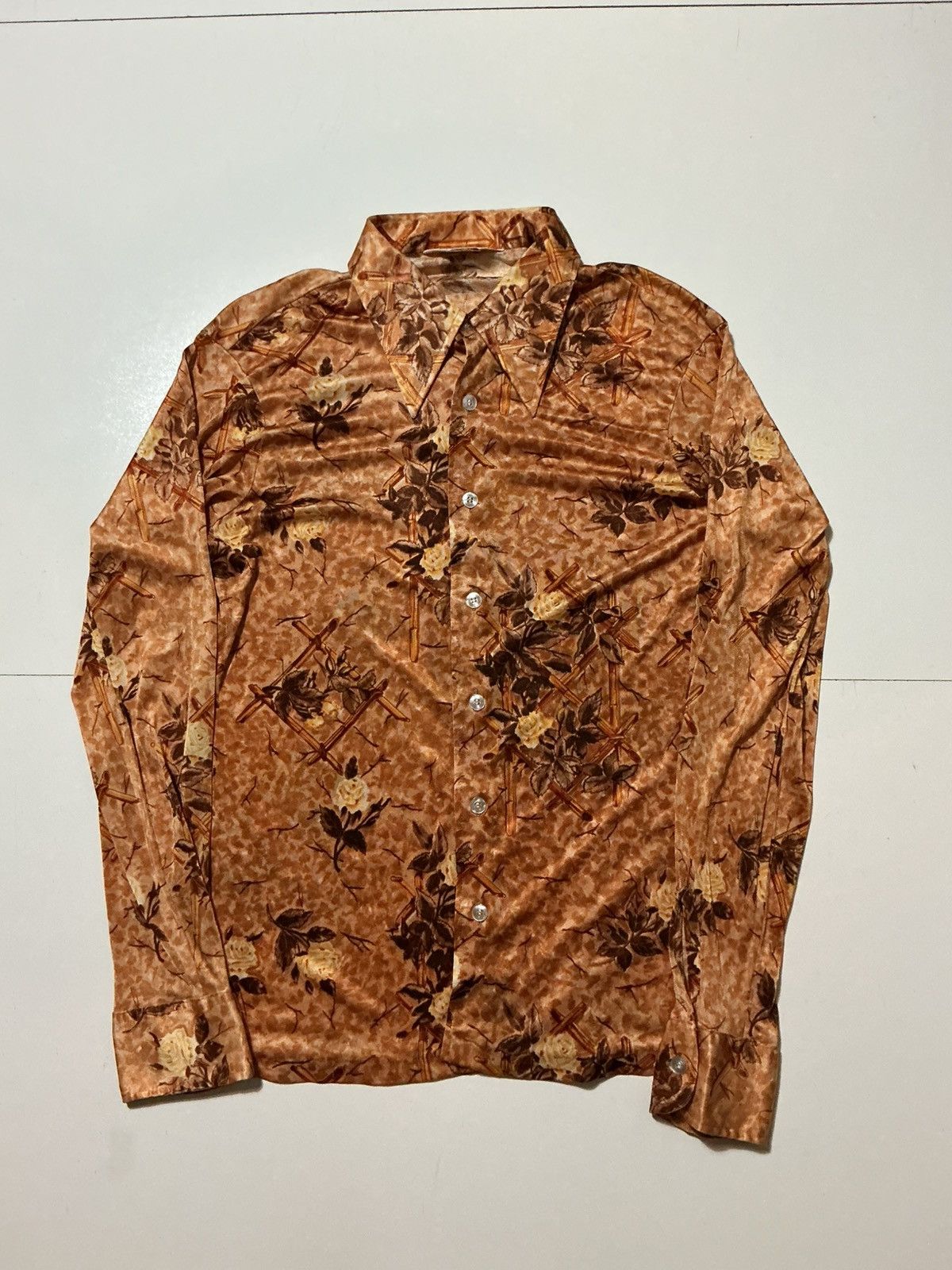 Vintage 1970s Dude By Cambridge Rose Flower Bamboo Polyester Shirt Size US S / EU 44-46 / 1 - 1 Thumbnail
