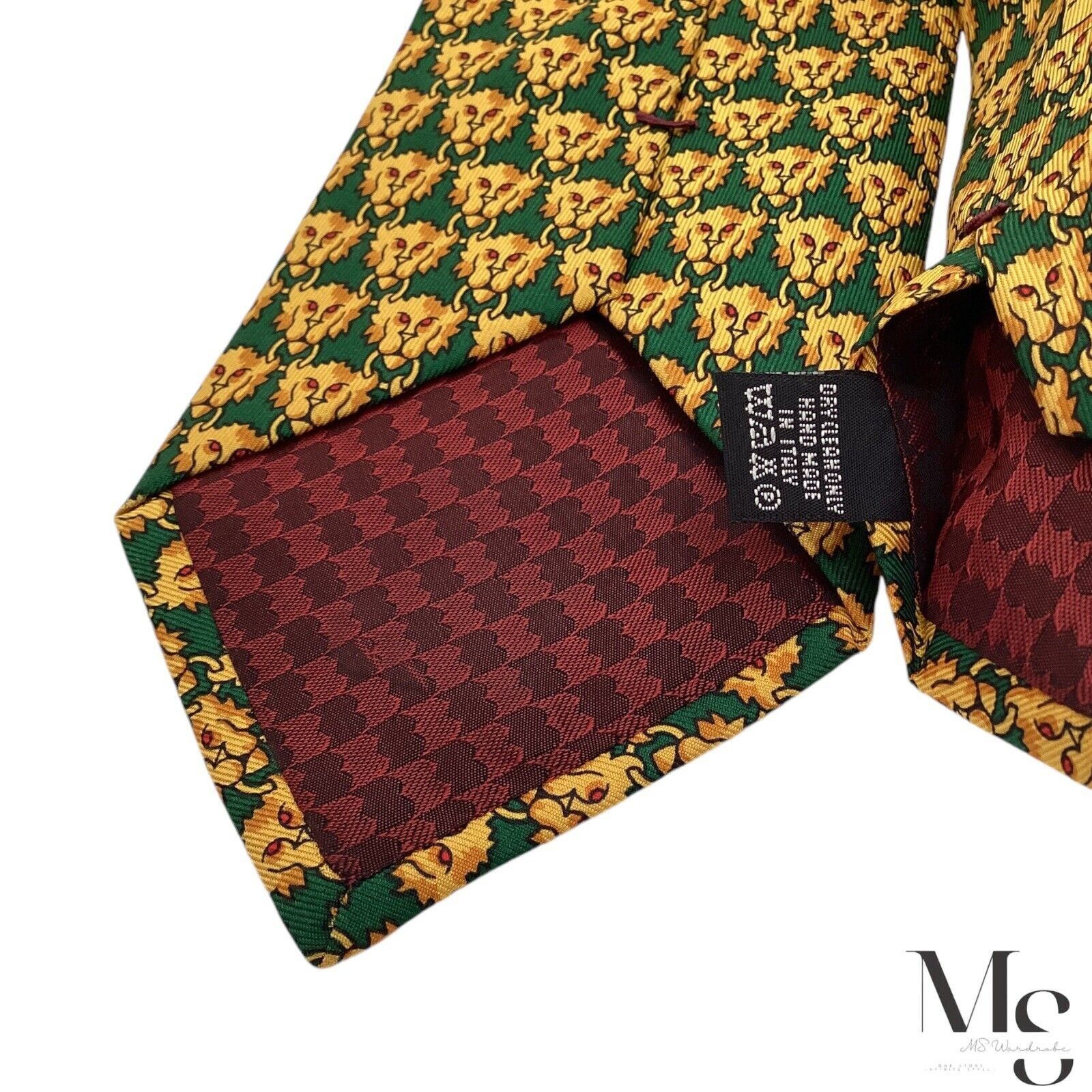 Battistoni BATTISTONI XL BAT 948 Green Yellow Lion Head Print Silk Tie Size ONE SIZE - 6 Thumbnail