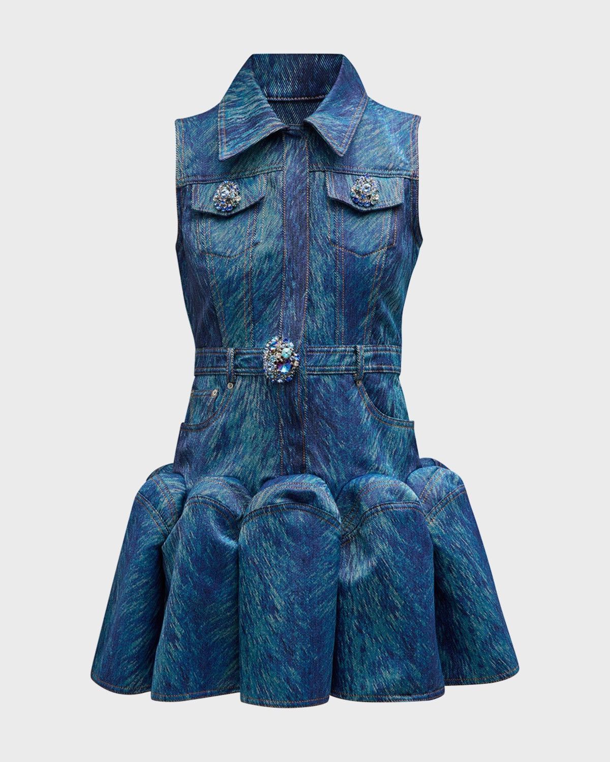 AREA Fur-Print Denim Sleeveless Godet Mini Shirtdress