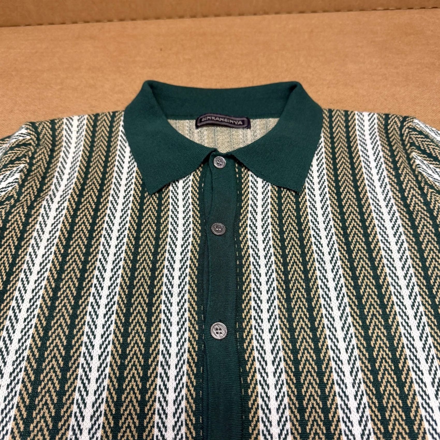 Vintage SINRANSINYA Shirt Womens Medium Green Knit Stripe Button Front Short Sleeve Size M / US 6-8 / IT 42-44 - 2 Thumbnail