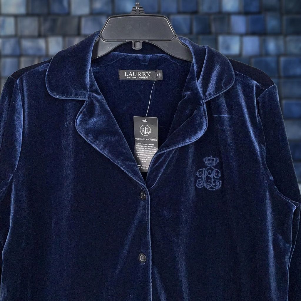 Ralph Lauren VINTAGE Lauren Ralph Lauren Shirt Womens Small Blue Velvet Pajama Top Lounge Black Label Size S / US 4 / IT 40 - 1 Thumbnail