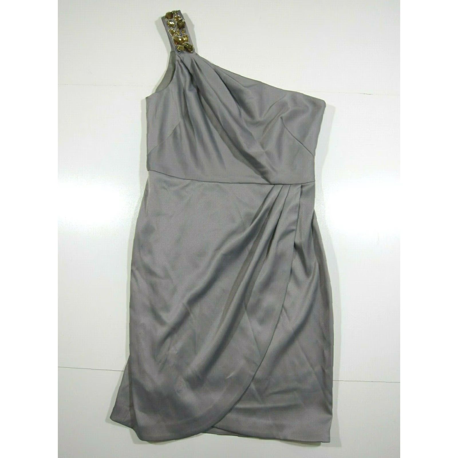 Vintage NWT Jones Wear Grey Satin Gold Jewel Beaded One Shoulder Cocktail Dress Size 6 Size M / US 6-8 / IT 42-44 - 6 Thumbnail