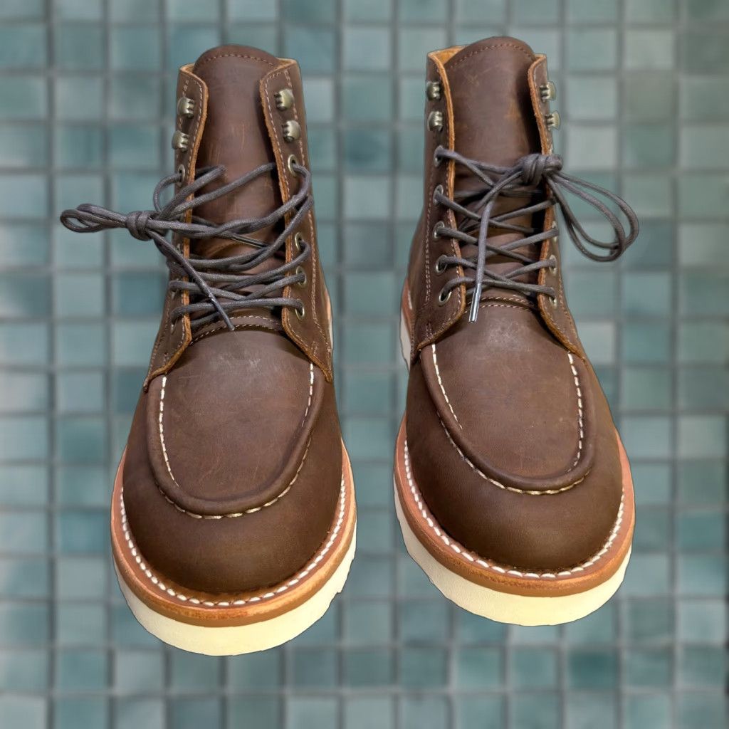 Quince Quince Mens Leather Moc Toe Boots Brown Cowhide Leather Wedge Rubber Outsole Ankle Lace Up 10.5 --- Size US 11 / EU 44 - 1 Thumbnail