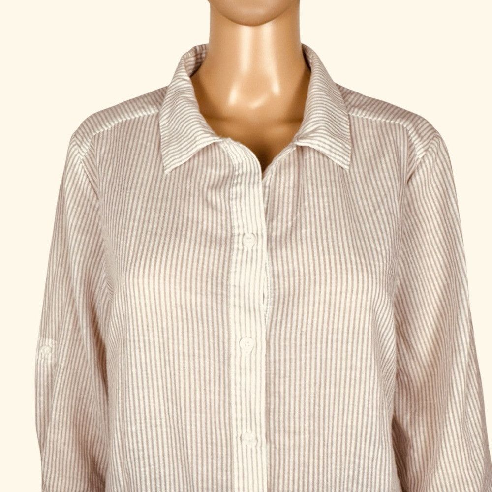 Chicos Chico's Pleated Back Hi-Low Roll Tab 3/4 Sleeve Striped Blo Size L / US 10 / IT 46 - 2 Thumbnail