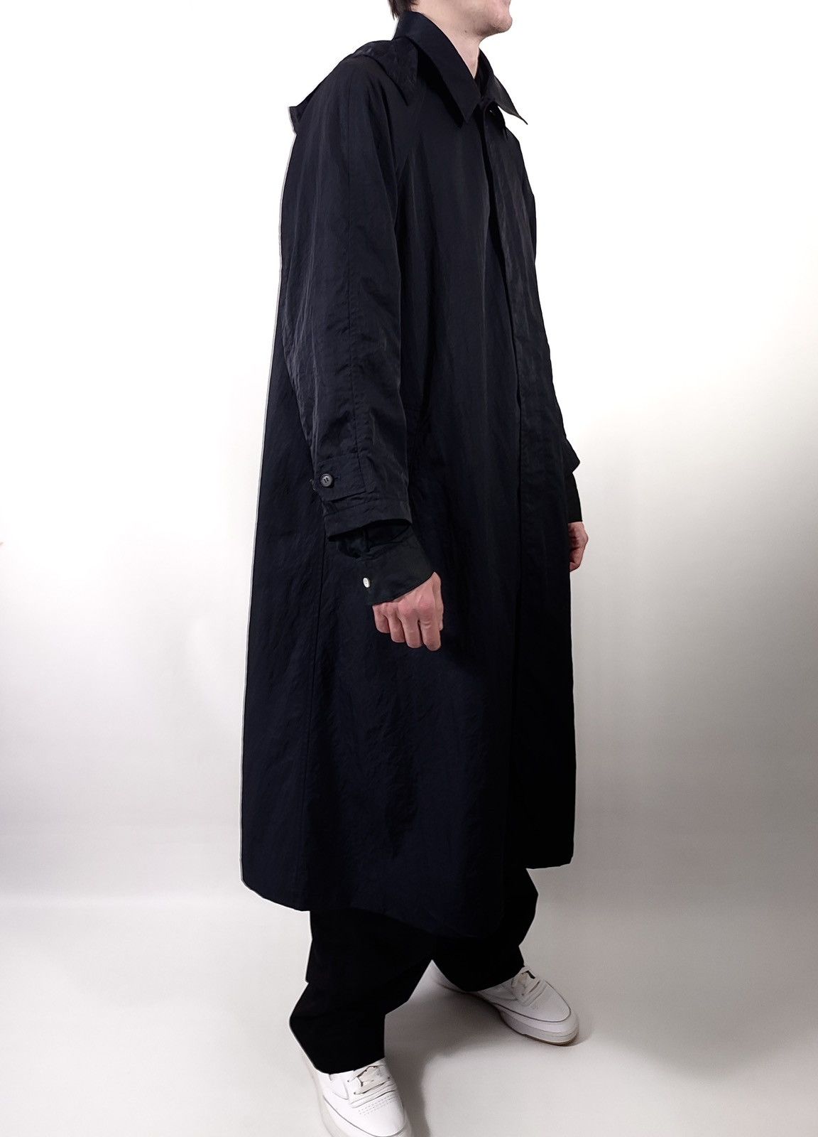 image of Yohji Yamamoto Oversized Nylon Hood Trench Coat in Black, Men's (Size Medium)