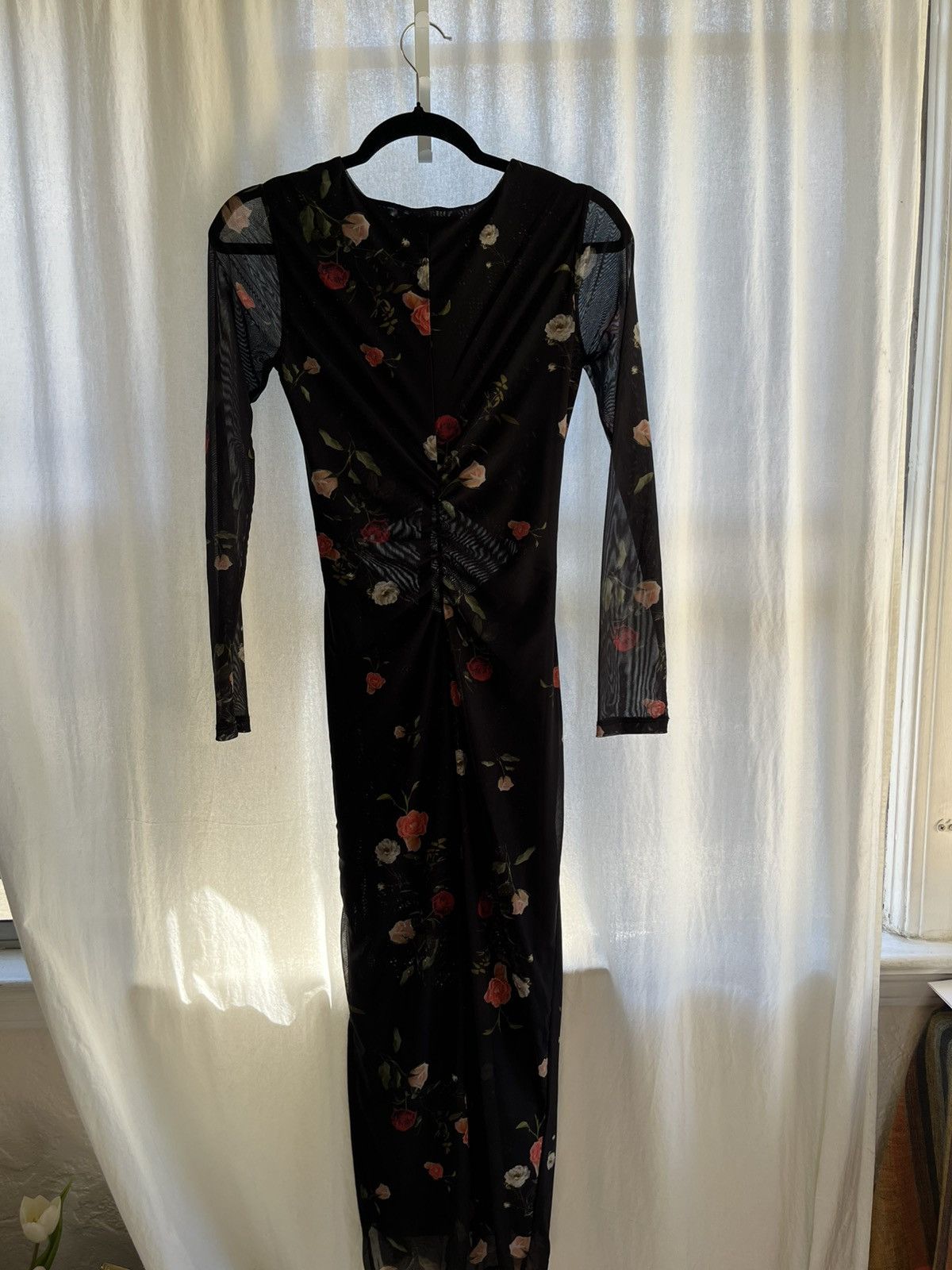 Allsaints AllSaints Black Sheer Floral Ruched Midi Dress XS Size XS / US 0-2 / IT 36-38 - 1 Thumbnail