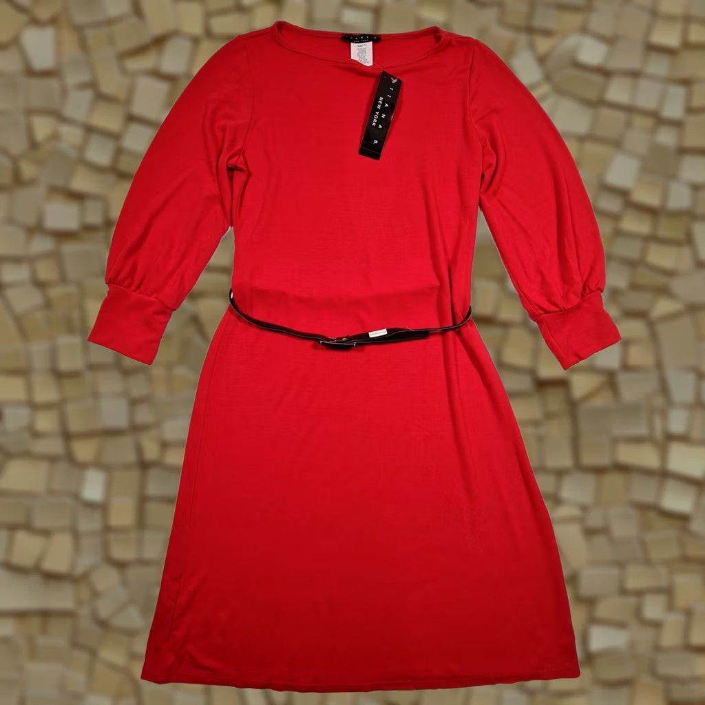 Vintage Tiana B Womens Dress Red 10 UK Long Sleeves Knit Knee Length Belted Dress Size L / US 10 / IT 46 - 1 Thumbnail