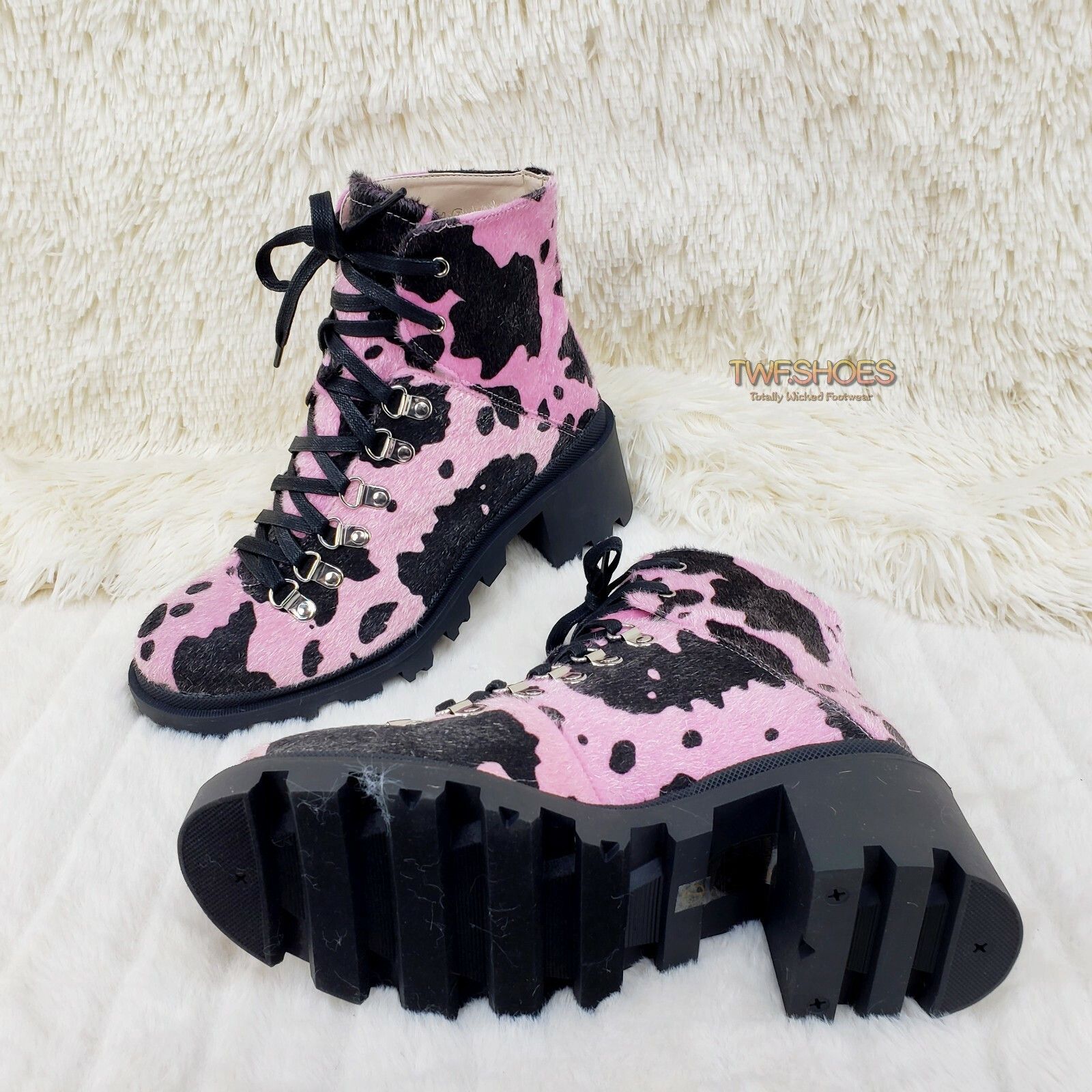 Other Kick Azz Lace Up Lug Sole Combat Ankle Boots Faux Fur Pink C Size US 8.5 / IT 38.5 - 4 Thumbnail
