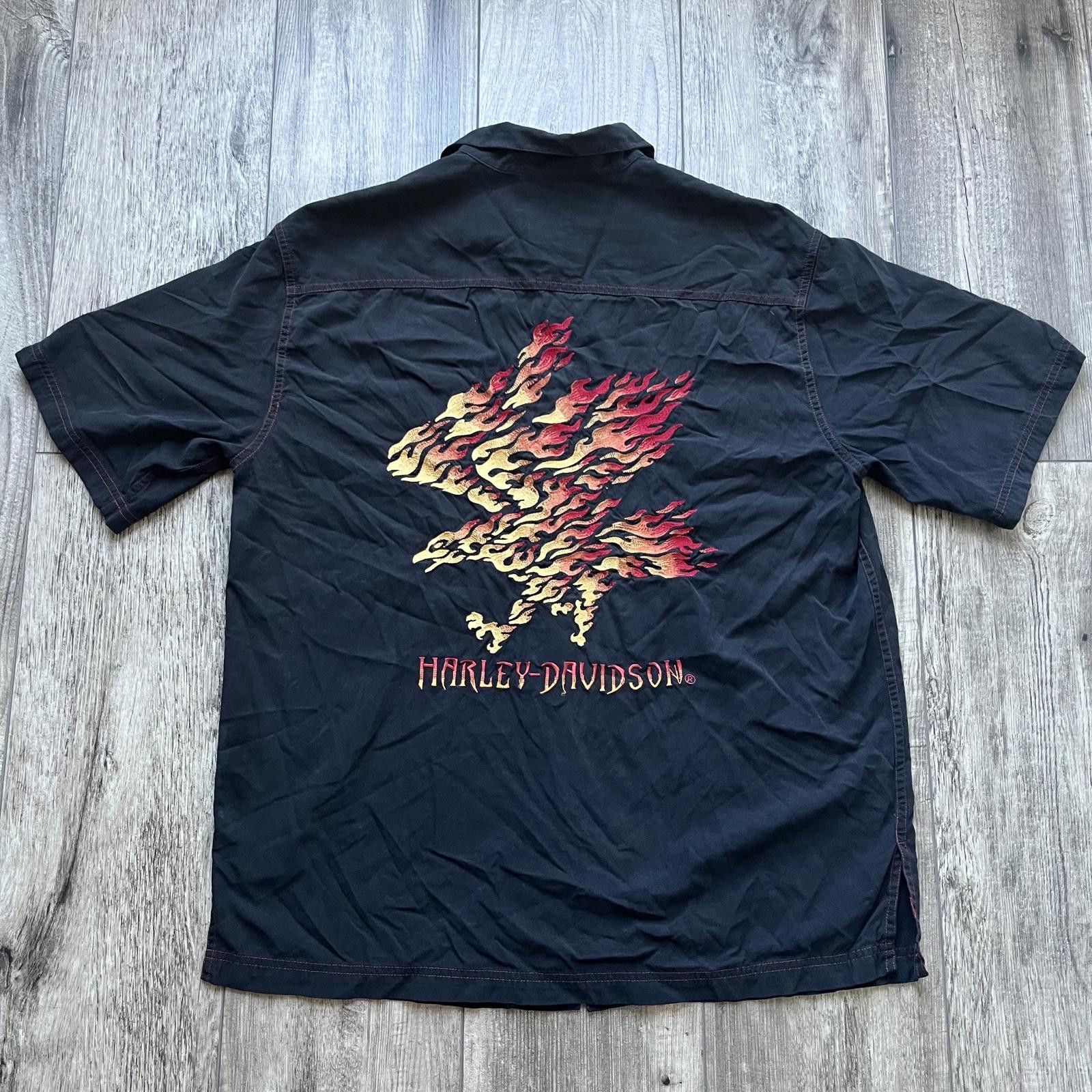 Harley Davidson × Vintage Vintage Embroidered Silk Harley Davidson Flame Eagle Shirt Size US L / EU 52-54 / 3 - 1 Thumbnail