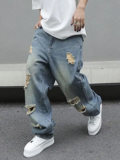 Jean Distressed Baggy Denim Jeans Ripped Size US 36 / EU 52 - 3 Thumbnail