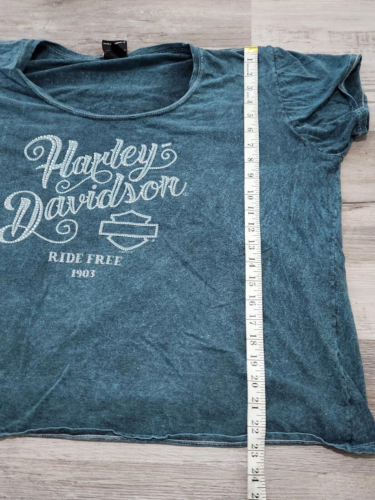 Designer Harley Davidson Shirt 2x Plus Blue Heathered Rhinestones Size ONE SIZE - 4 Thumbnail