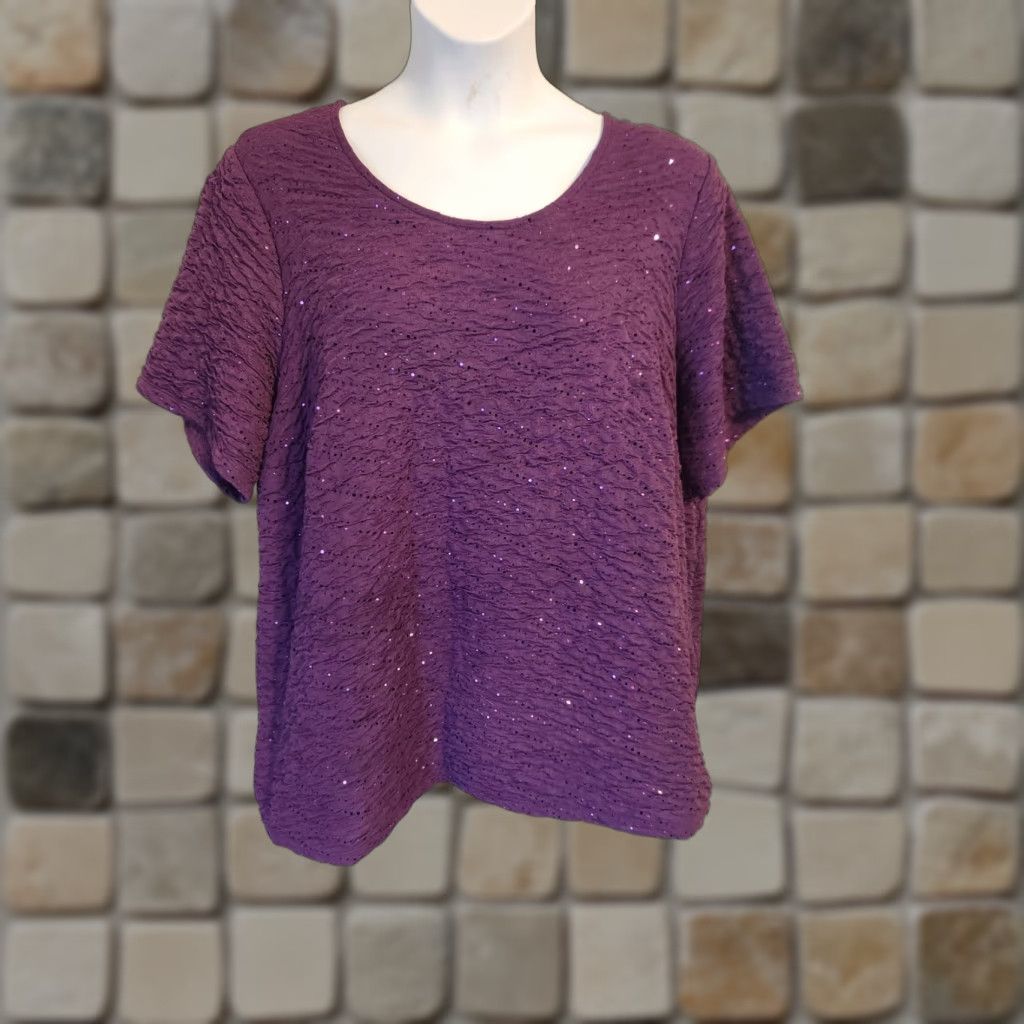 Vintage Maggie Barnes For Catherines Purple Plum Textured Sequin Short Sleeve Top 2X Size XXL / US 16-18 / IT 52-54 - 1 Thumbnail