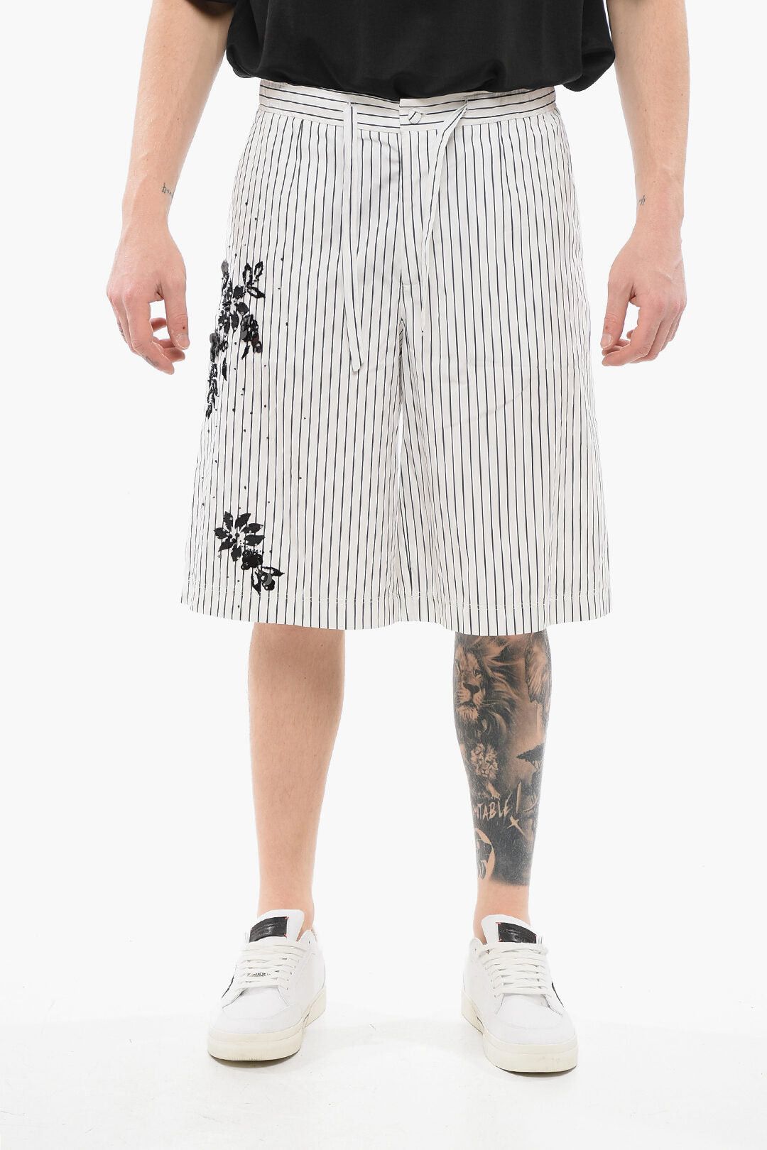 Pinstriped Cotton Shorts with Sequin Embroidery
