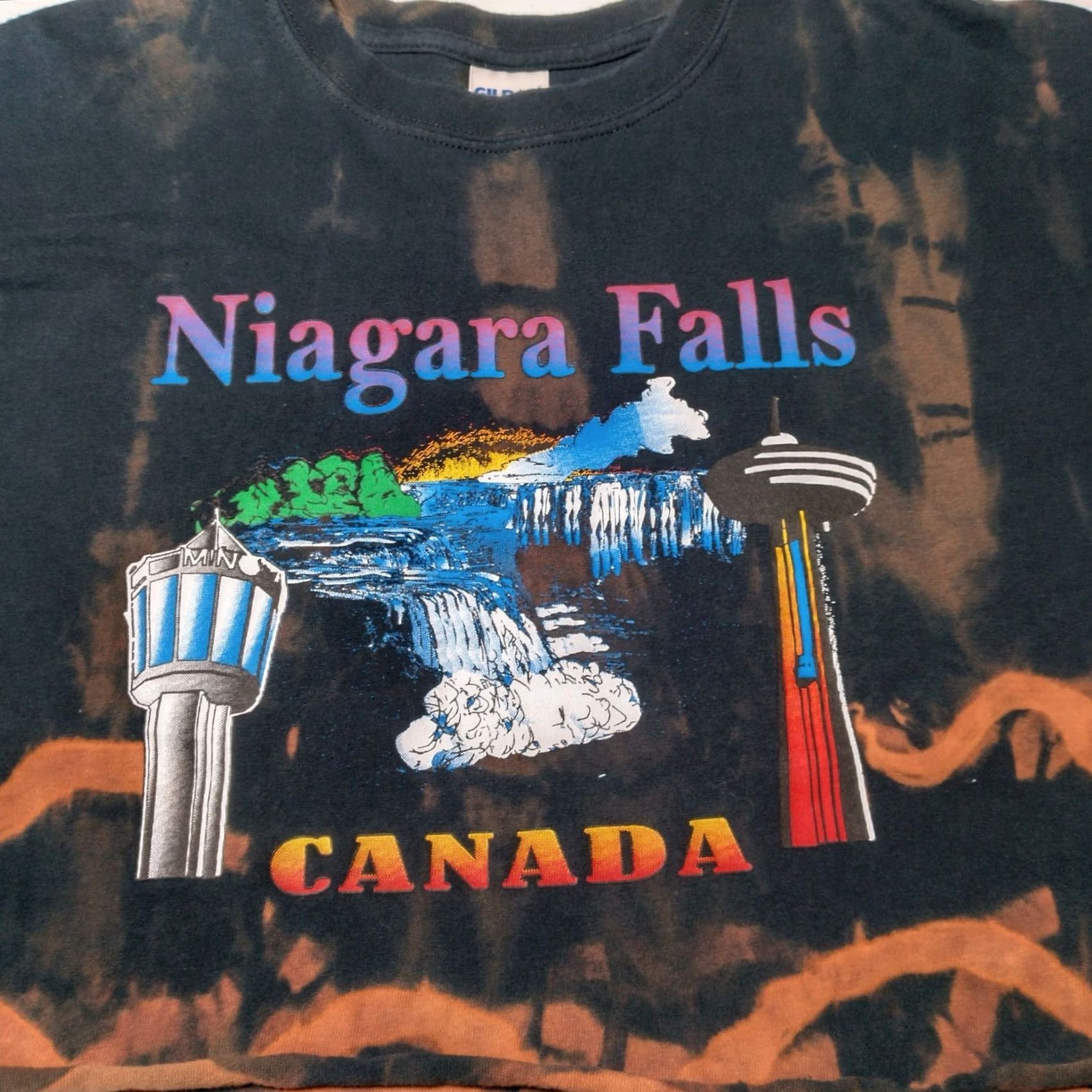 Gildan VINTAGE Gildan Rainbow Bleach Dye Niagara Falls Canada Crop Top Shirt L Black Unisex Adults Crew Neck Short Sleeve Graphic Waterfall - Size US L / EU 52-54 / 3 - 4 Thumbnail