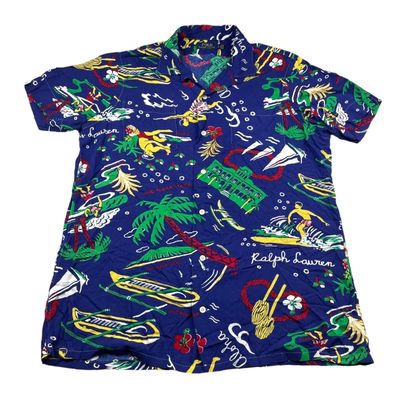 Polo Ralph Lauren Shirt Men’s Aloha Hawaiian Luau Camp Shirt Blue Large 100% Viscose Short Sleeve Button-Up Floral Mens