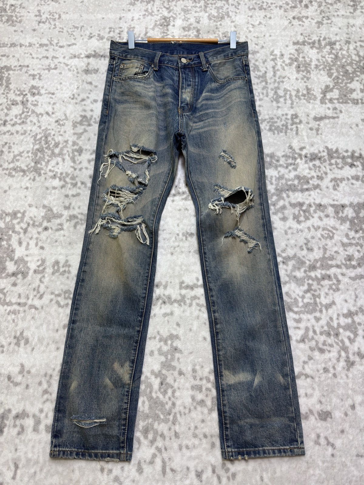 MNML Y2K MNML Blue Yarn Heavy Distressed Denim Jeans Size US 31 - 1 Thumbnail