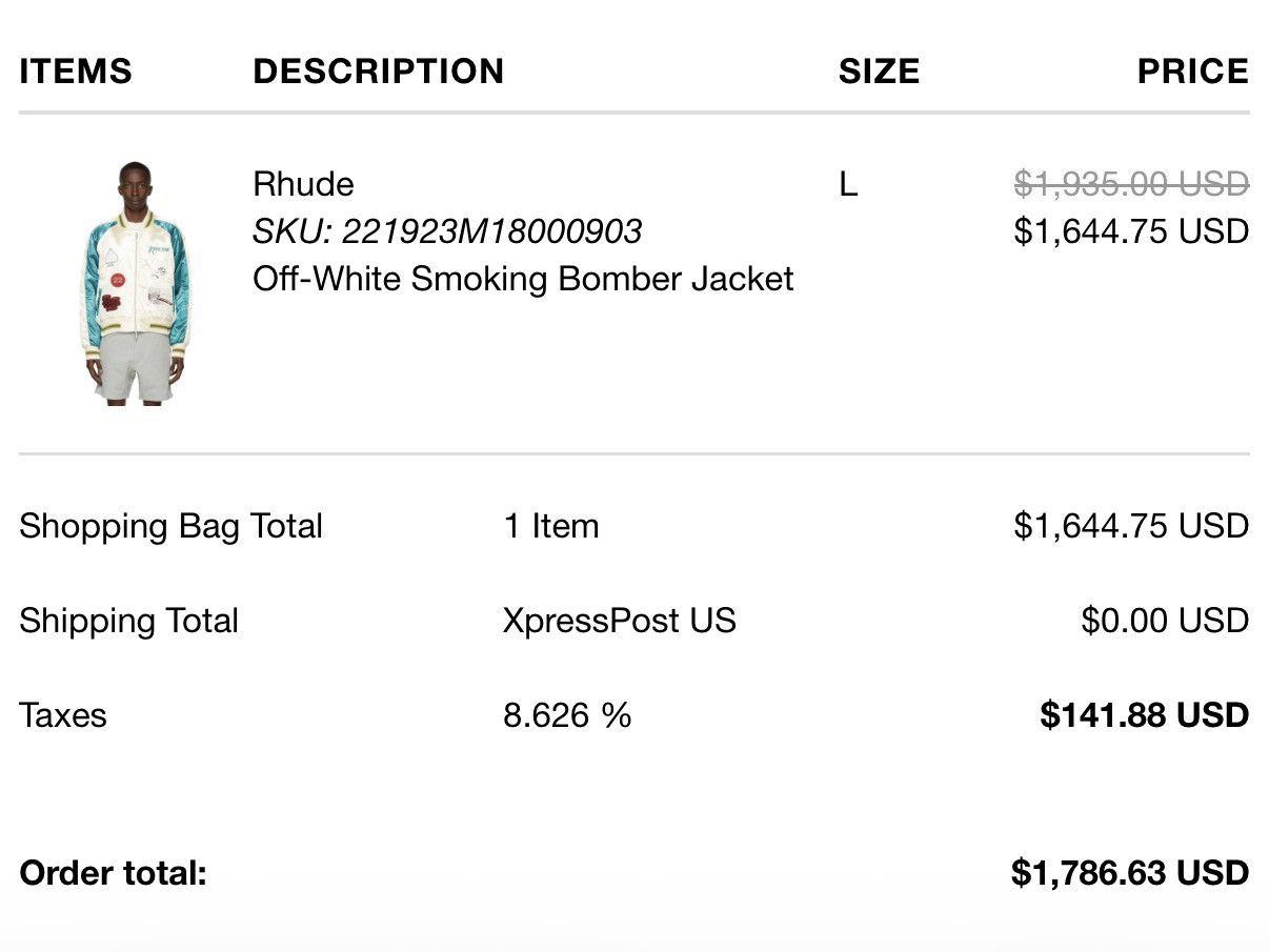 Rhude Rhude Smoking Bomber Jacket Vegas SS 2022 — Size L Size US L / EU 52-54 / 3 - 9 Thumbnail