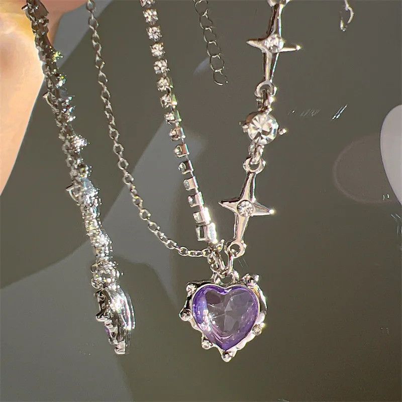 Other Y2K Purple Crystal Heart Pendant Necklace Size ONE SIZE - 1 Thumbnail