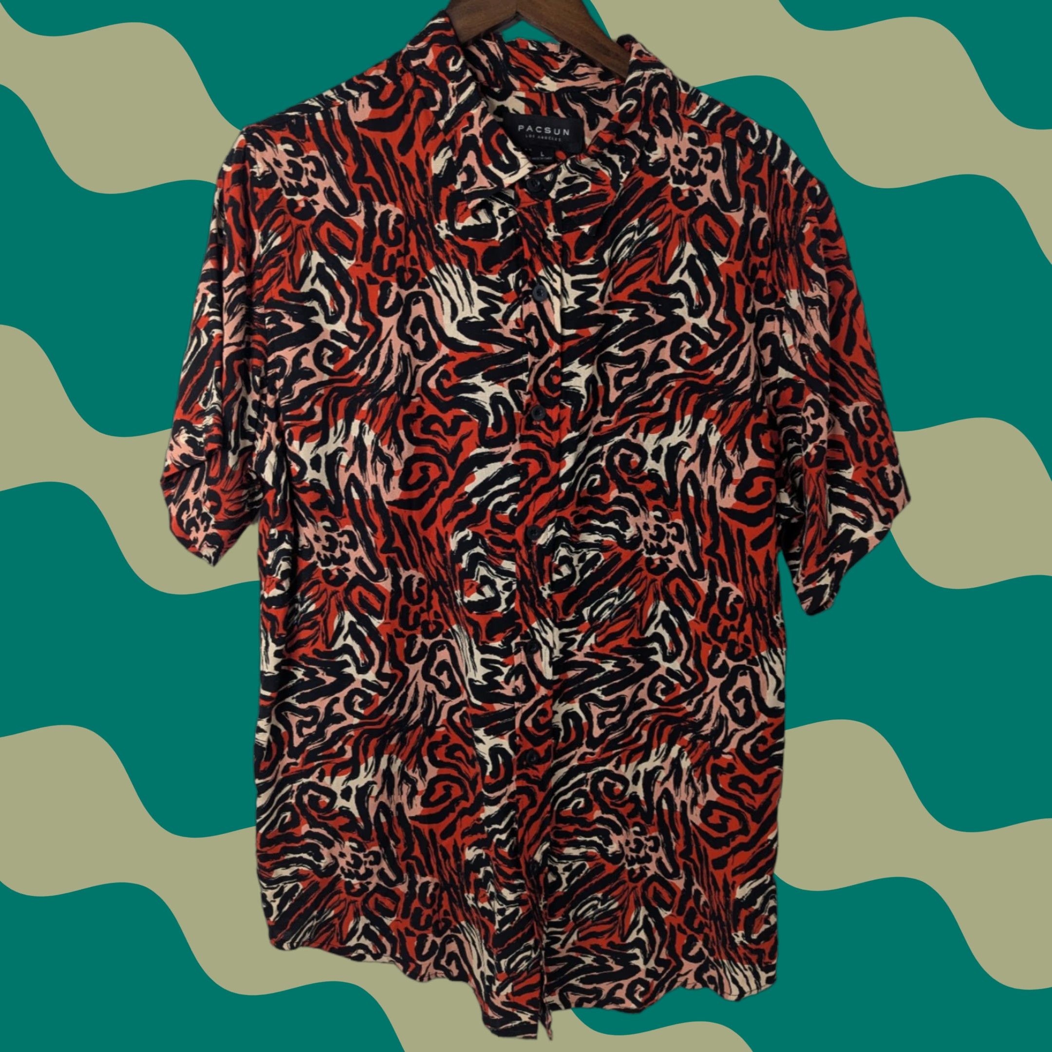 Pacsun VINTAGE Pacsun Shirt Main Selling Point: PacSun Men's Large Orange Swirl Stripe Animal Print Resort Rayon Button Shirt Size US L / EU 52-54 / 3 - 1 Thumbnail
