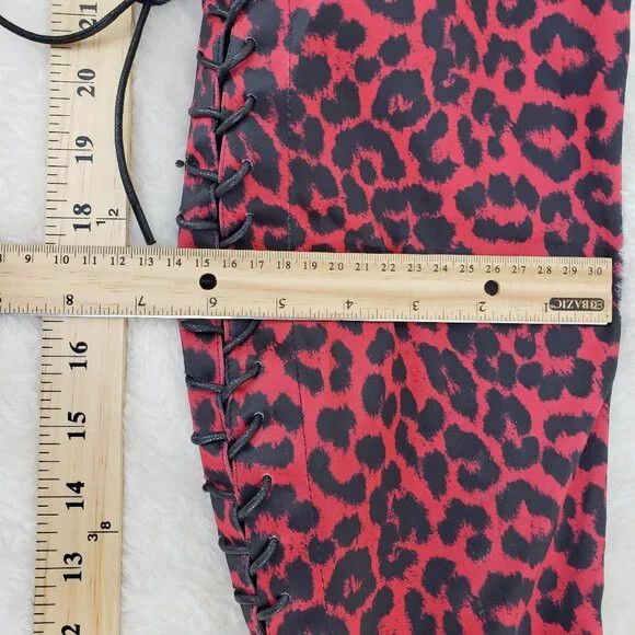 Other Fever Red Leopard Stretch Lace Up Back OTK Chunky Heel Boots Size US 7.5 / IT 37.5 - 5 Thumbnail