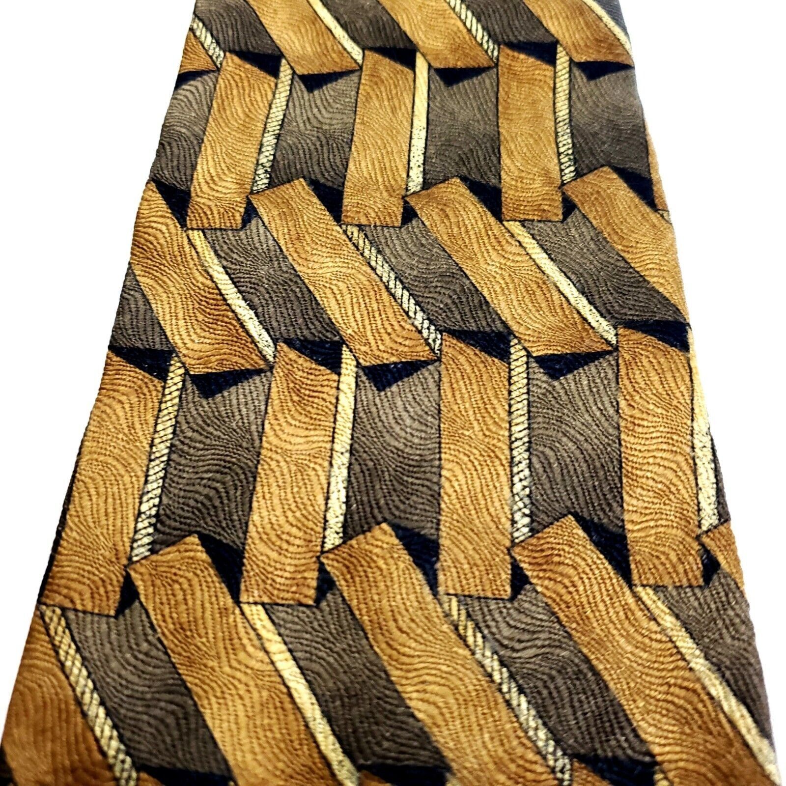 Albert Nipon Albert Nipon Silk Tie Yellow Print Geometric Beige Wide Size ONE SIZE - 2 Thumbnail