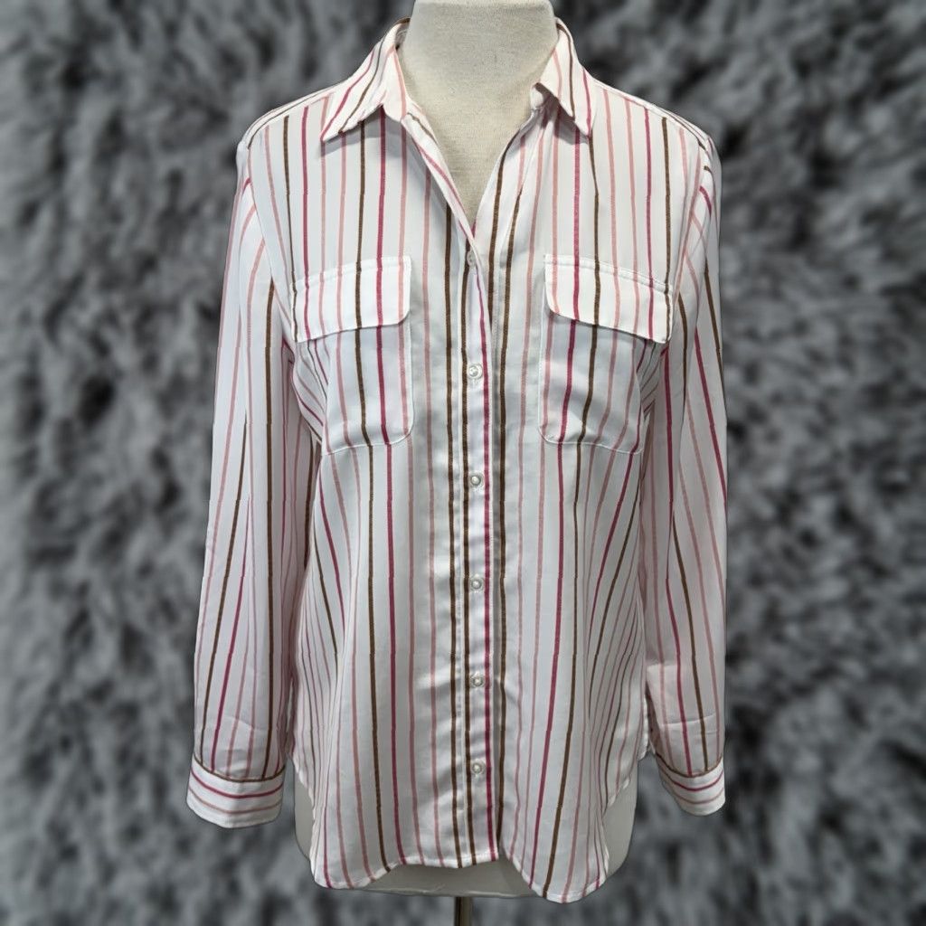 Vintage Chicos Striped Button Up Shirt Sz 1 US Medium White Pink 2 Pocket Lightweight Size M / US 6-8 / IT 42-44 - 1 Thumbnail