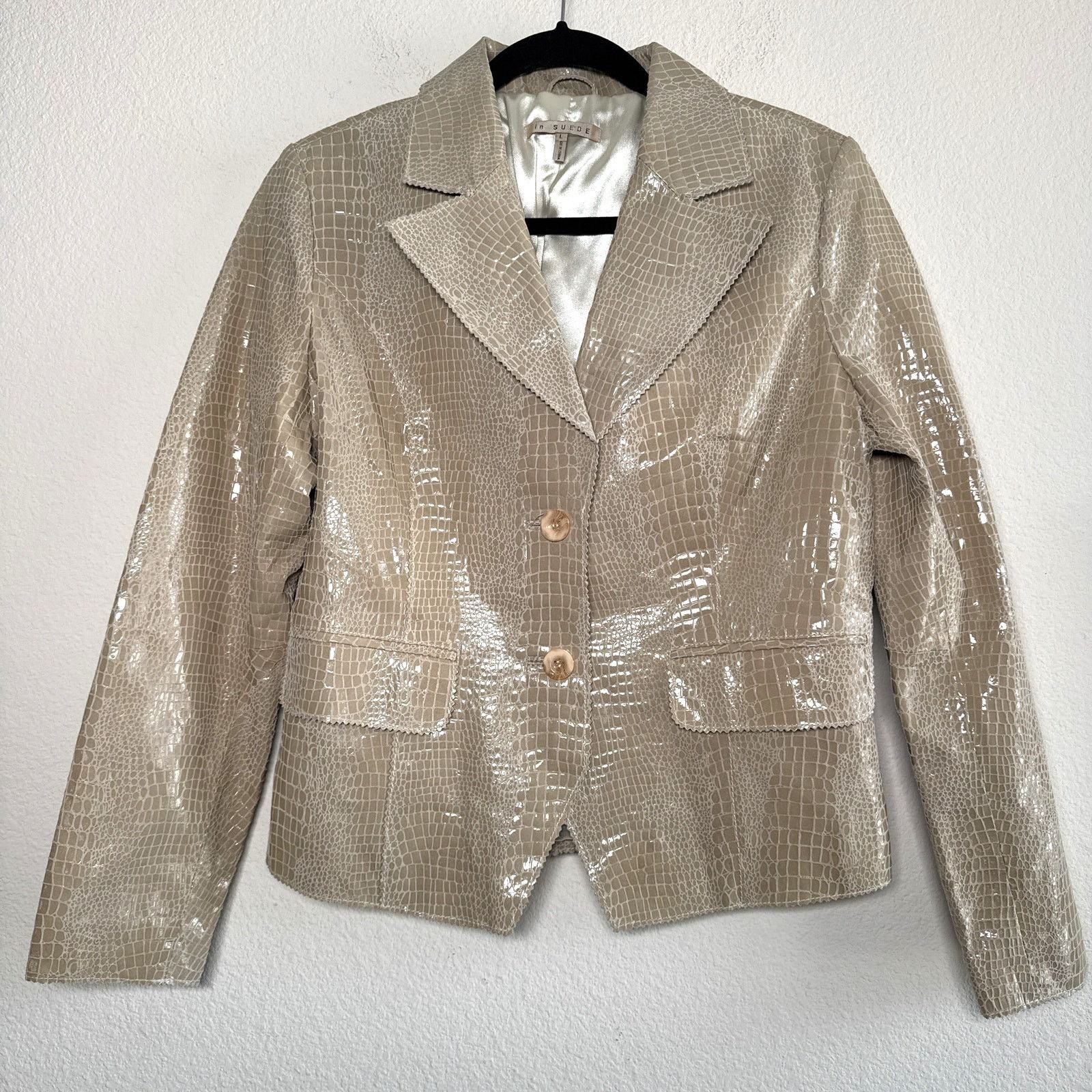 Other Croc Embossed Leather Blazer Jacket Beige Glossy Textured Size L / US 10 / IT 46 - 2 Thumbnail