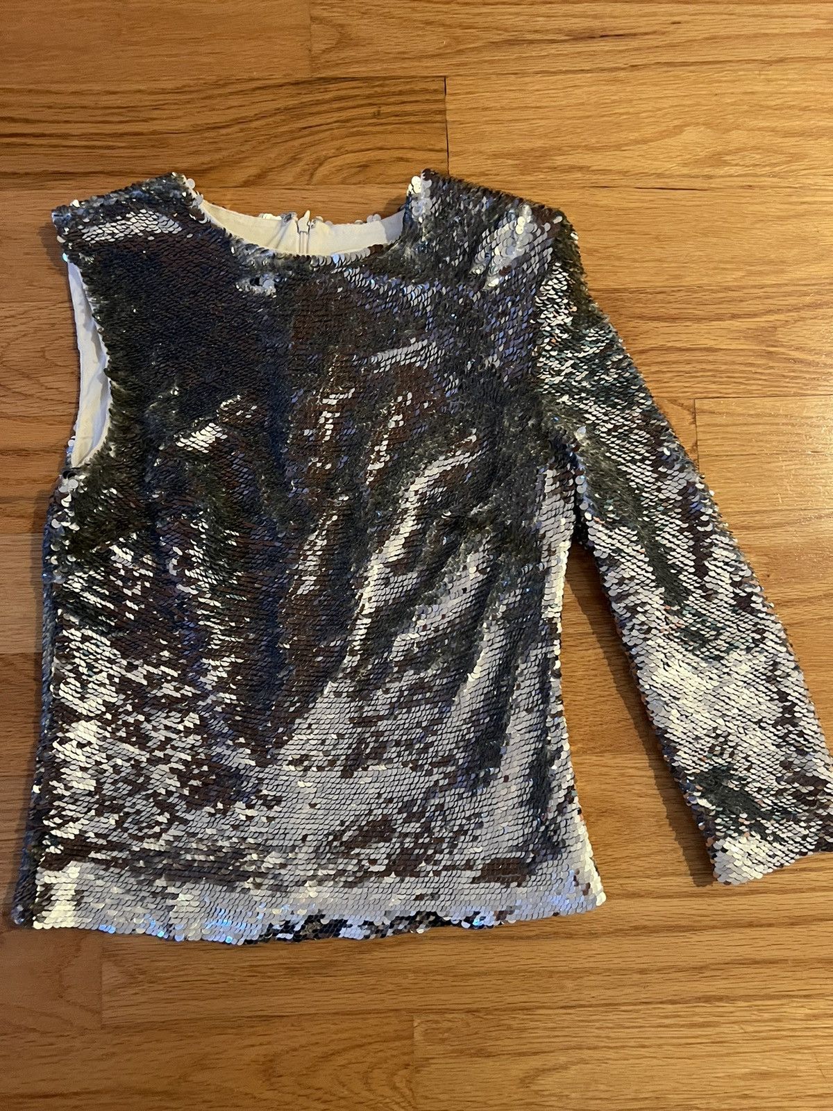 image of Helmut Lang One Sleeve Sequin Top in Silver, Women's