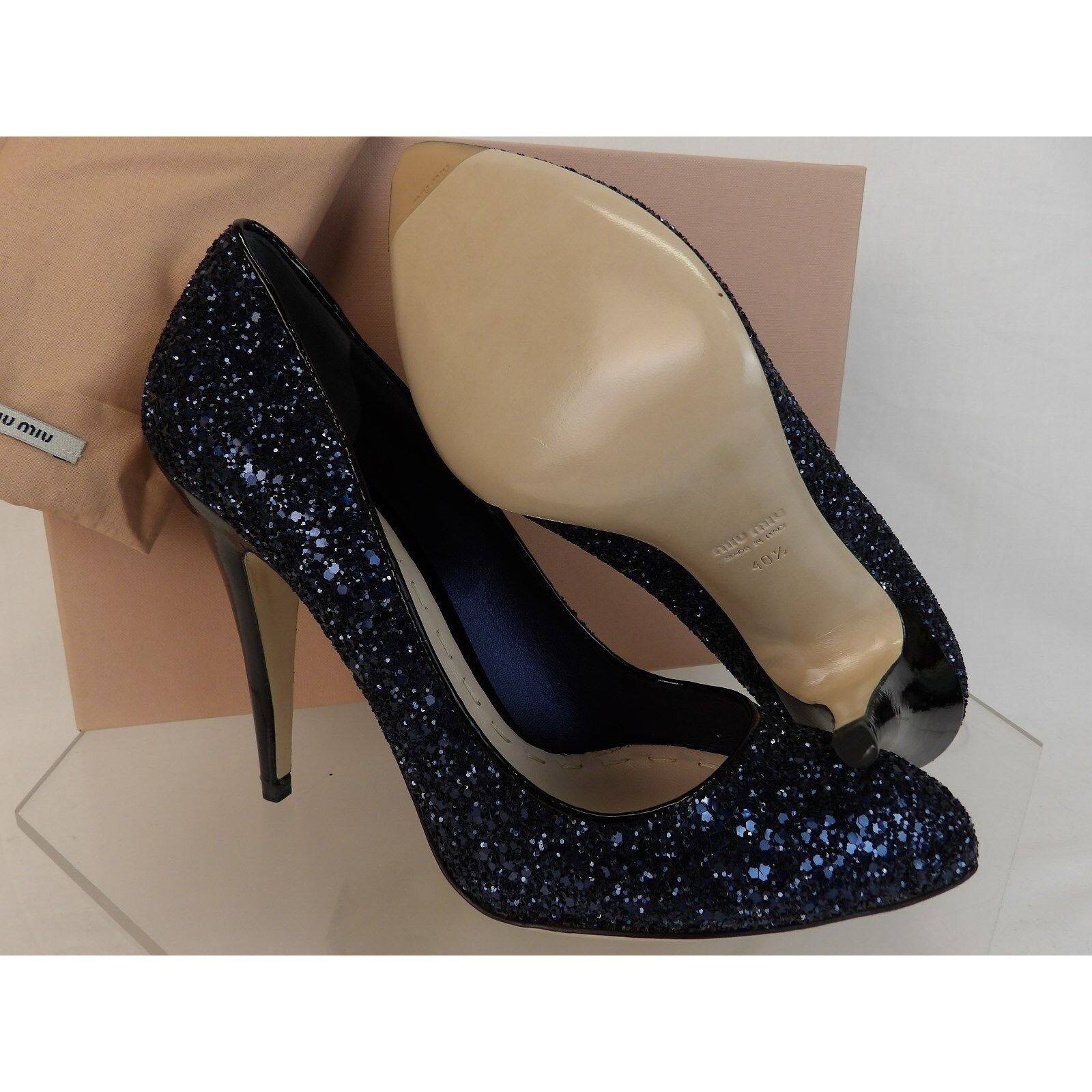 Miu Miu DARK NAVY GLITTER BLACK PATENT LEATHER HEEL PUMPS 40.5 ITALY Size US 10.5 / IT 40.5 - 7 Thumbnail