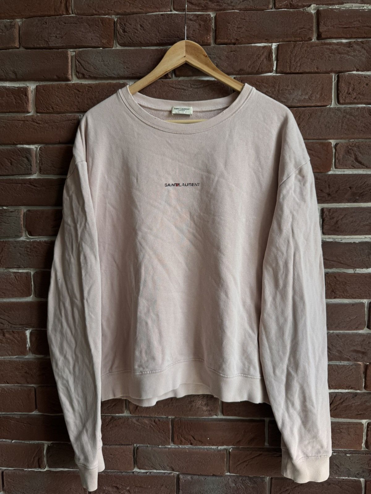 Designer × Saint Laurent Paris SLP Saint Laurent Distressed Center Logo Ash Pink Crewneck M Size US M / EU 48-50 / 2 - 1 Thumbnail