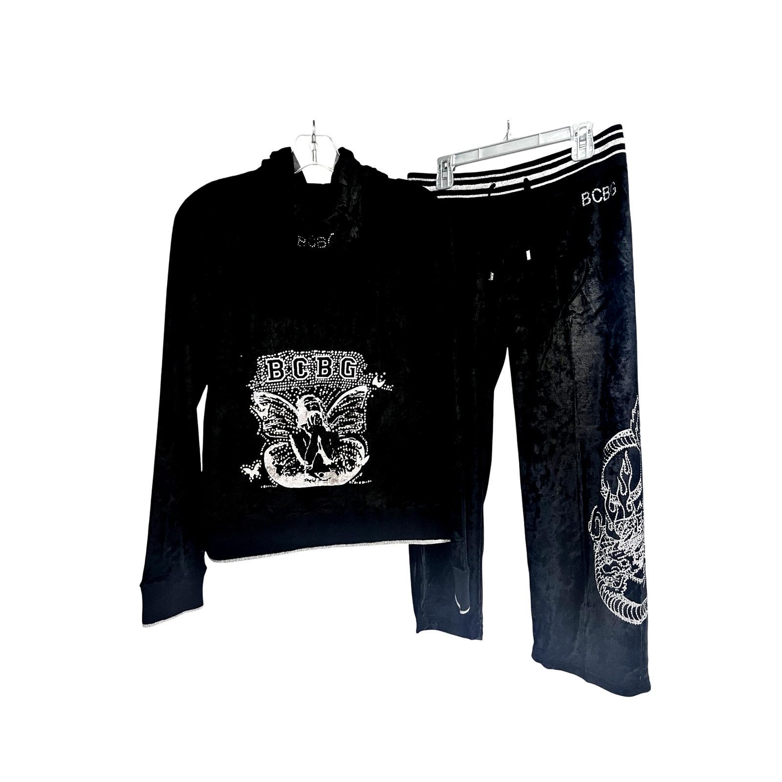 BCBG Black Bling Tracksuit Zip Hoodie Jacket M Crop Pants L