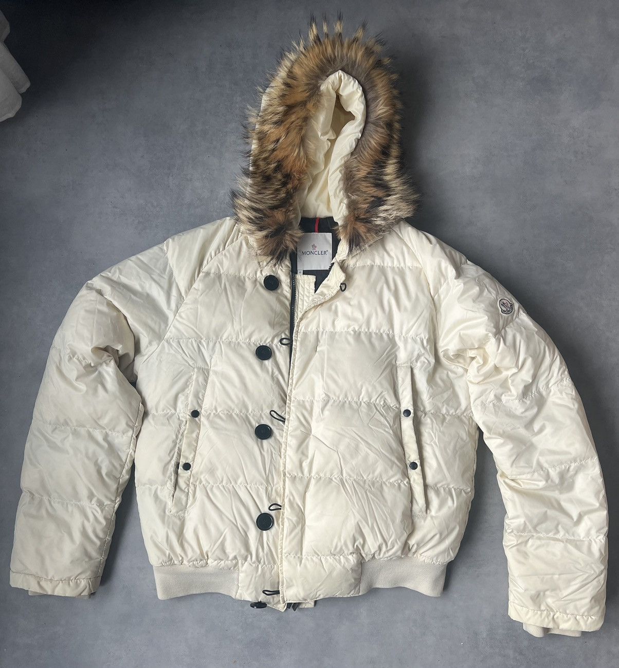 image of Moncler Fur Hood Puffer Jacket in Cream, Men's (Size Large)