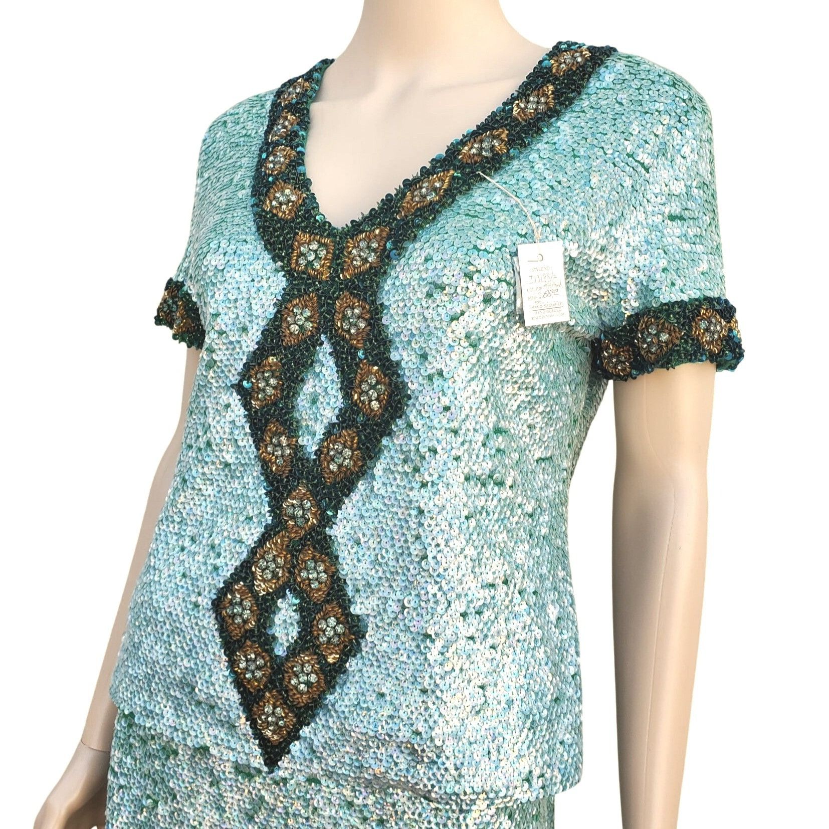 Vintage 60s Sequin Beaded Rhinestone Skirt Set M NWT Turquoise Green Size M / US 6-8 / IT 42-44 - 10 Thumbnail