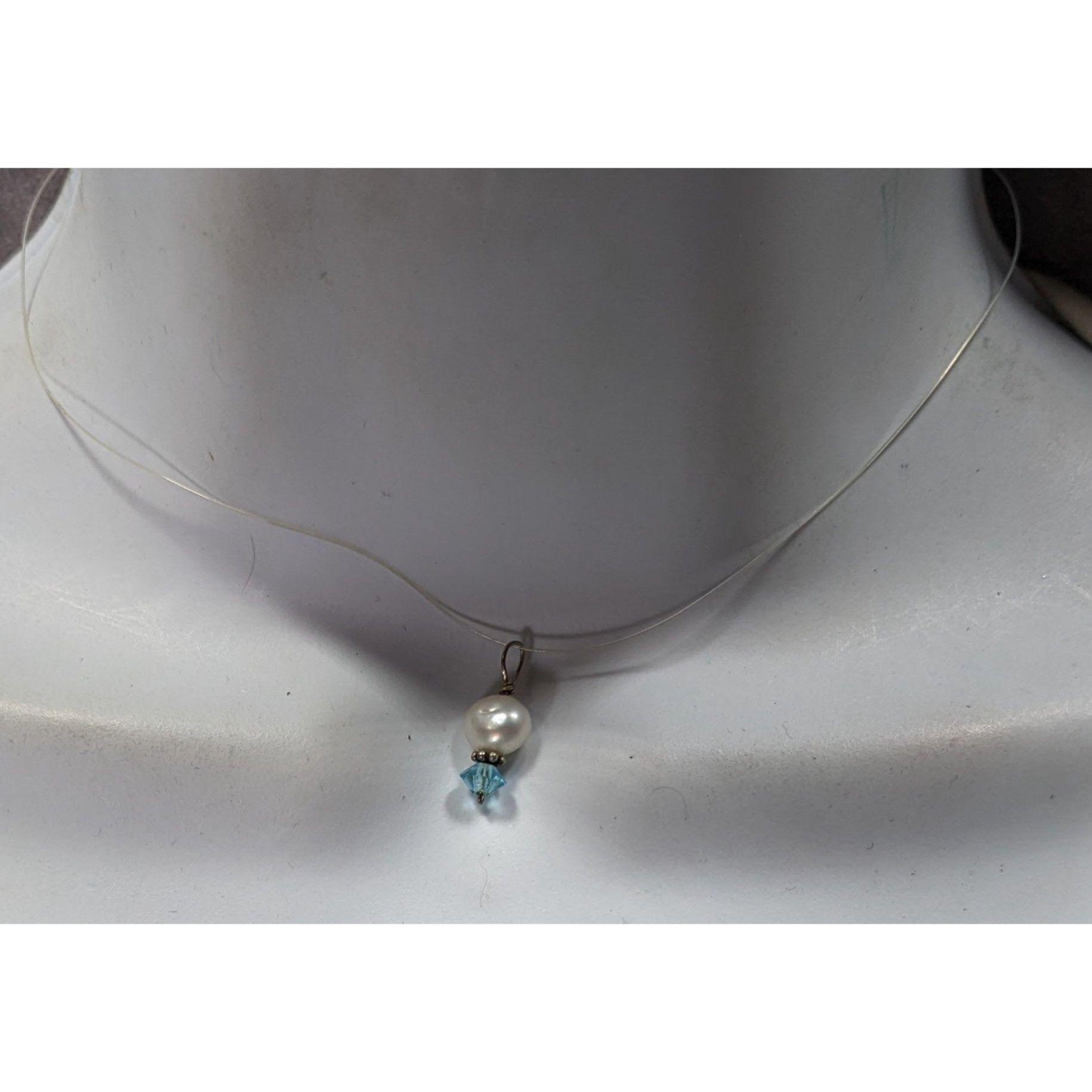 Other Dainty Pearl & Blue Crystal Pendant On Clear Wire Necklace W Size ONE SIZE - 2 Thumbnail