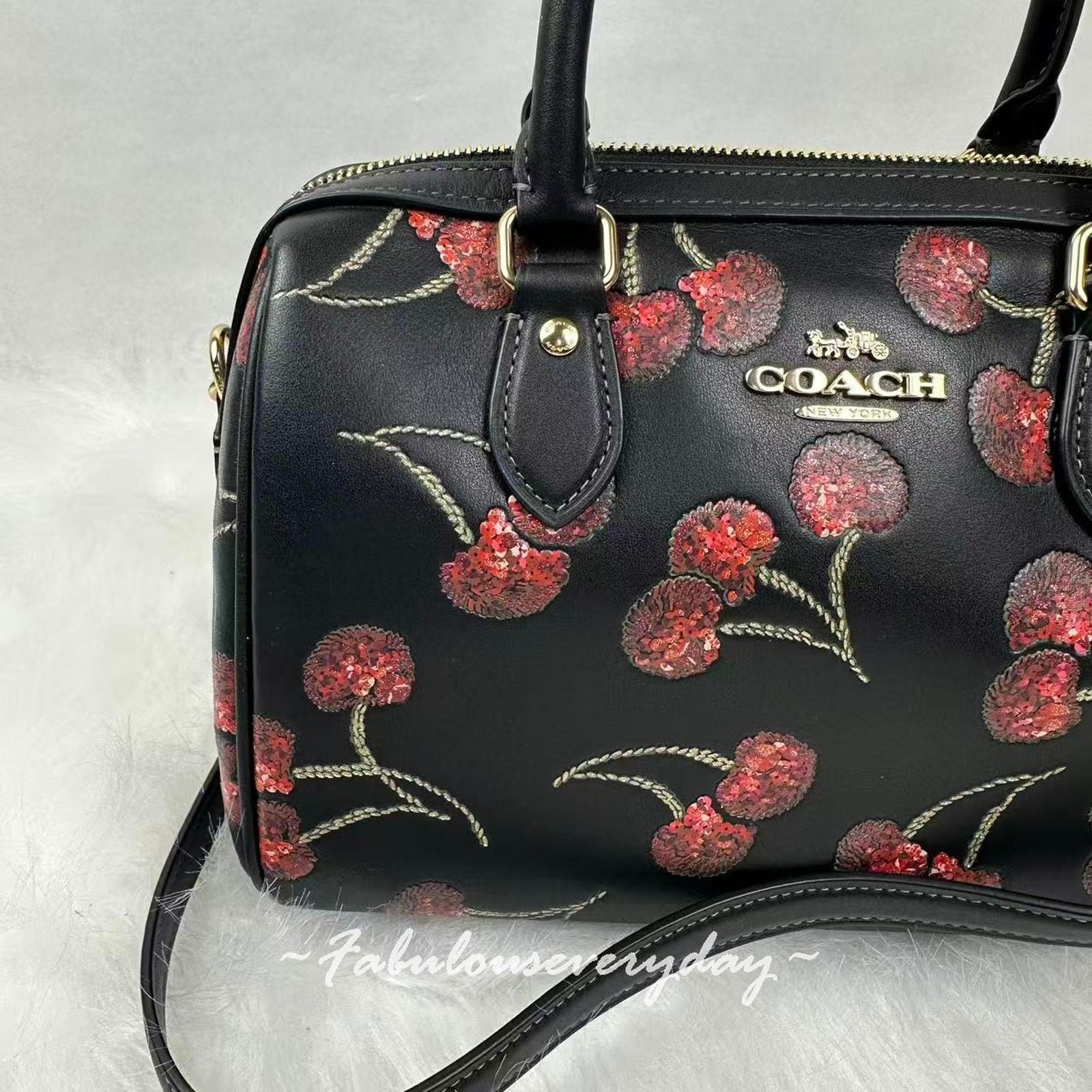 Coach Coach Rowan Satchel Bag xbody Cherry Print Leather Black Size ONE SIZE - 7 Thumbnail