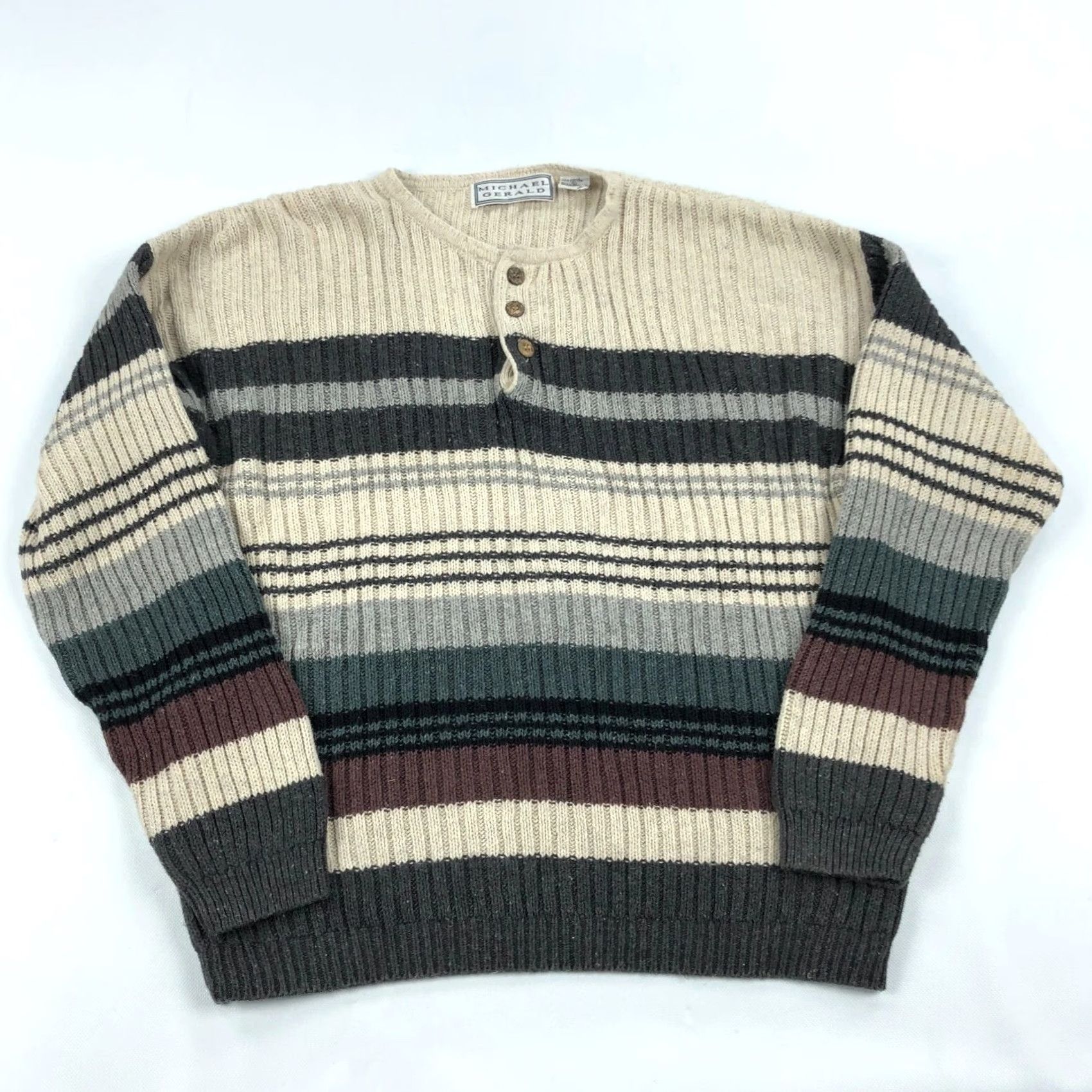 Vintage VINTAGE Michael Gerald Men's L Striped Ribbed Henley Sweater Beige Gray Burgundy Pullover Button-Up Knit Ramie Cotton Classic Outdoor Fall Winter Size US L / EU 52-54 / 3 - 2 Thumbnail
