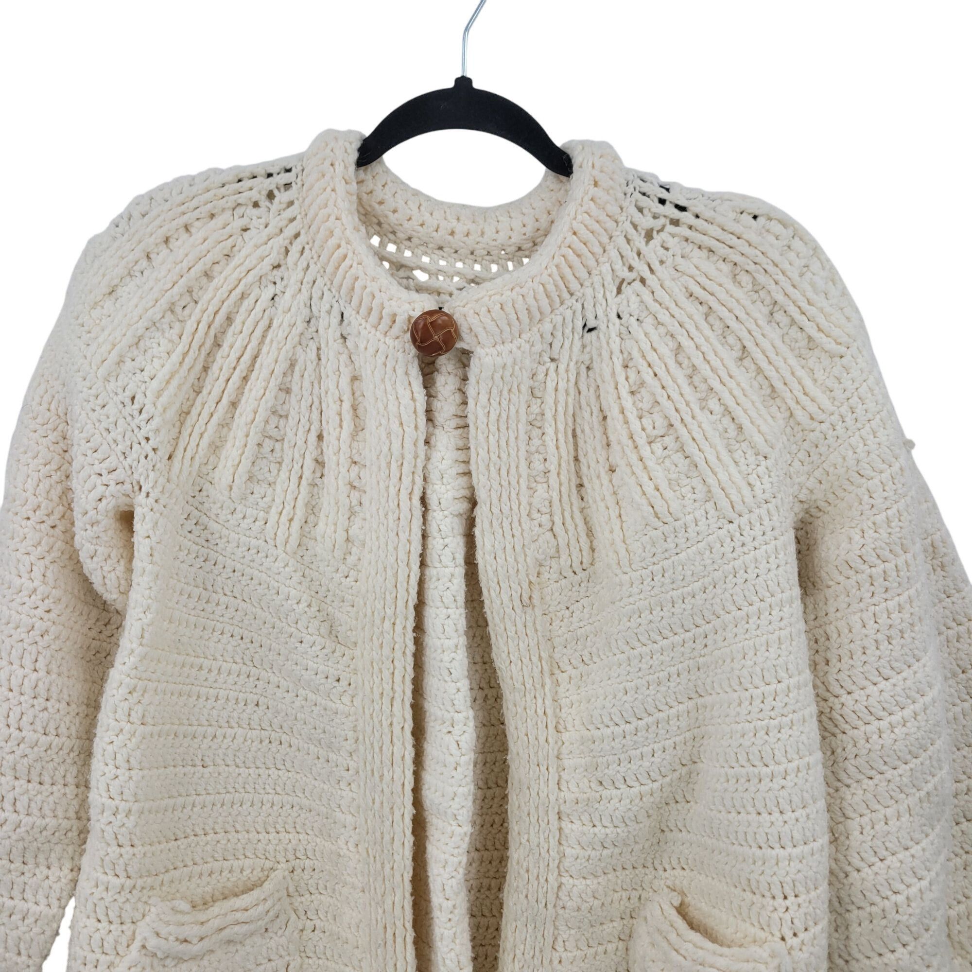 Handmade Vtg 70s Cream Handmade Coatigan Cardigan Puff Sleeve Pockets Size M / US 6-8 / IT 42-44 - 6 Thumbnail