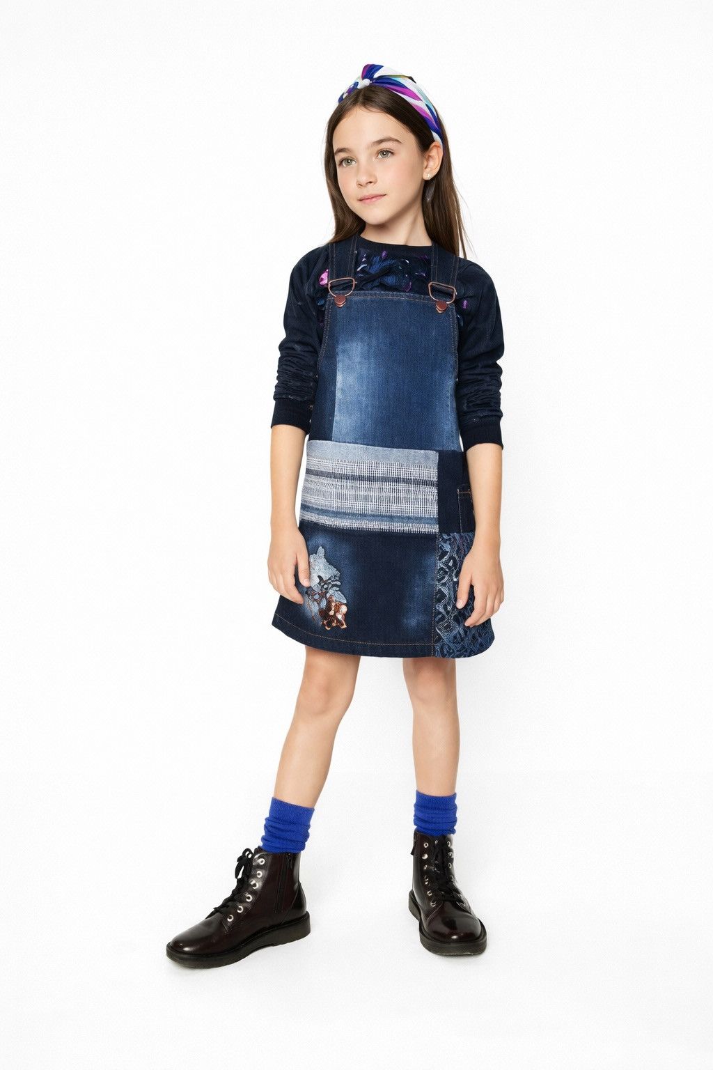 Desigual Desigual Kids Girls Denim Pinafore Dress Patchwork Blue Size XXS / US 00 / IT 34 - 1 Thumbnail