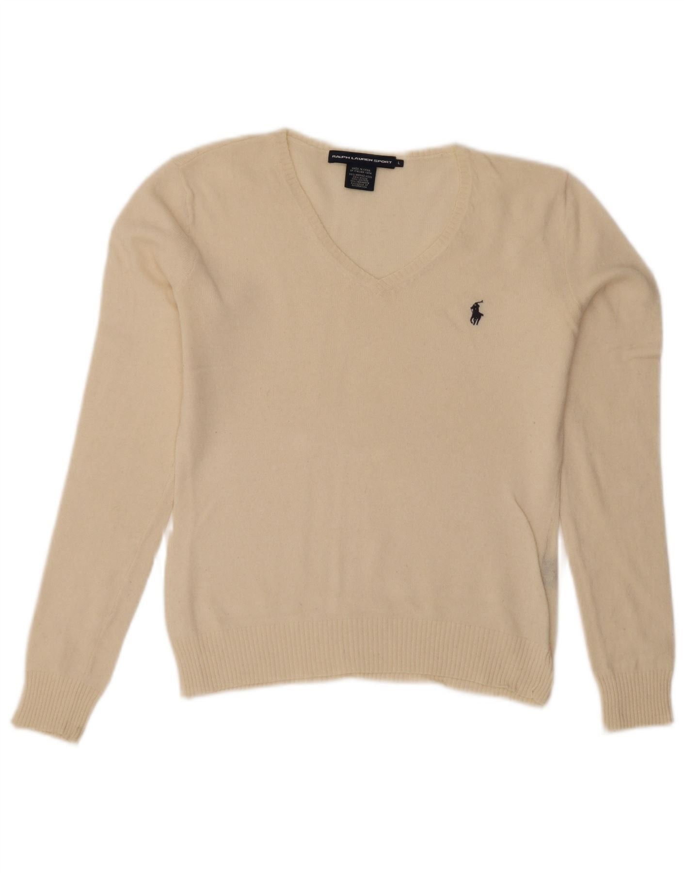 Ralph Lauren Womens V-Neck Jumper Sweater UK 16 Large Off White Merino Wo Size M / US 6-8 / IT 42-44 - 1 Thumbnail