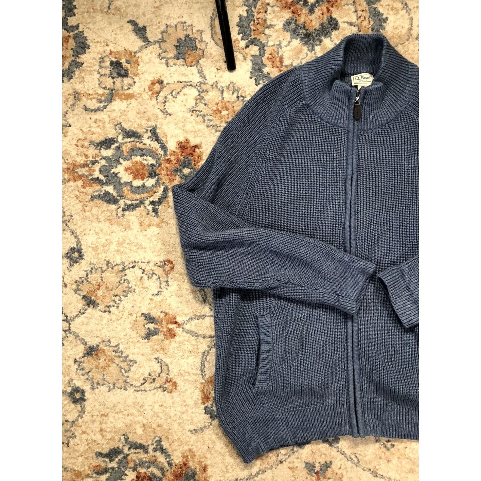 Vintage L.L.Bean Sweater Mens 2XL Blue Full Zip Mock Neck Cotton Knit Cardigan Pockets Size US XXL / EU 58 / 5 - 3 Thumbnail