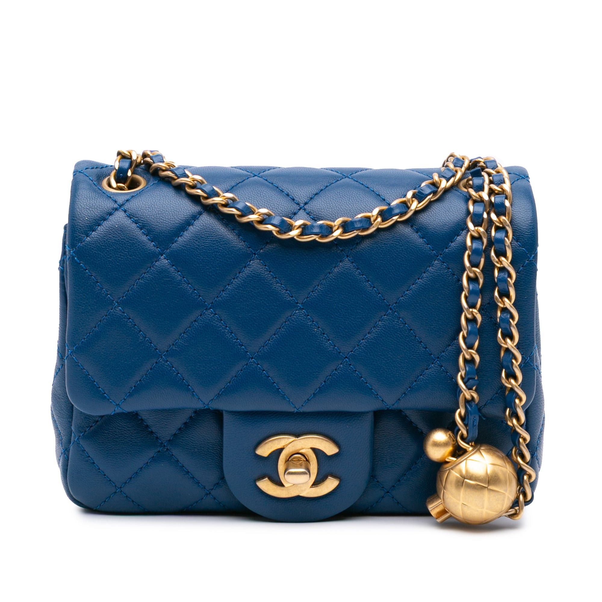 Chanel Blue Mini Square Classic Lambskin Pearl Crush Single Flap Crossbody Bag, Women's