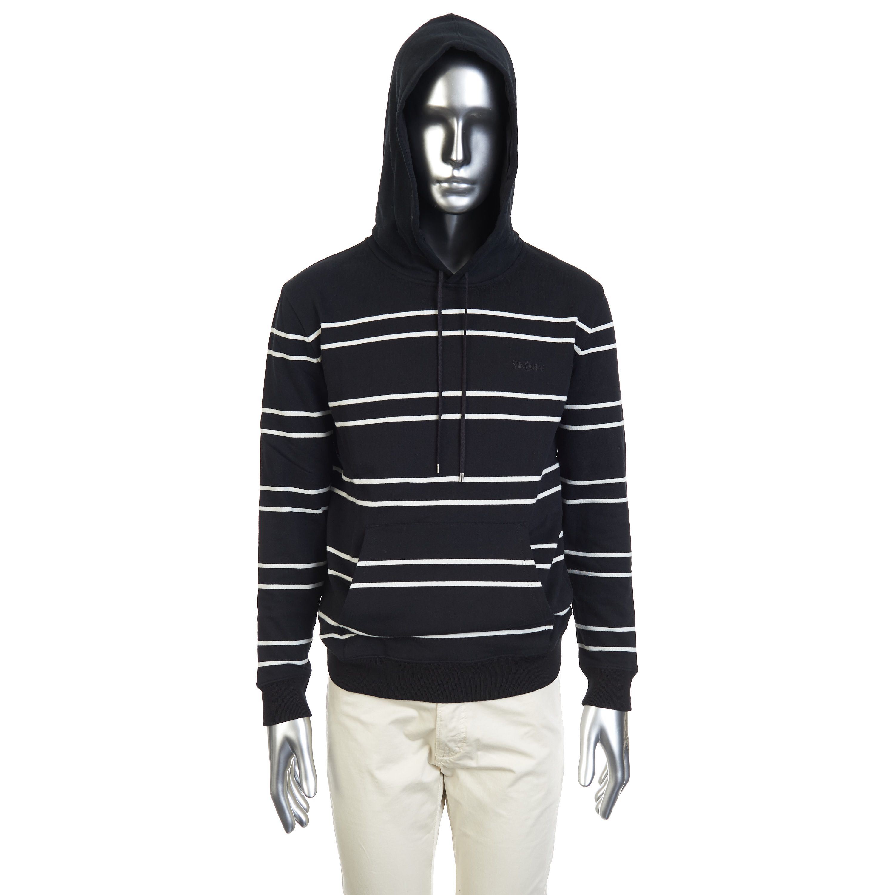 Saint Laurent Paris Hooded Sweatshirt In Striped Black Cotton & Logo Embroidey Size US M / EU 48-50 / 2 - 10 Thumbnail
