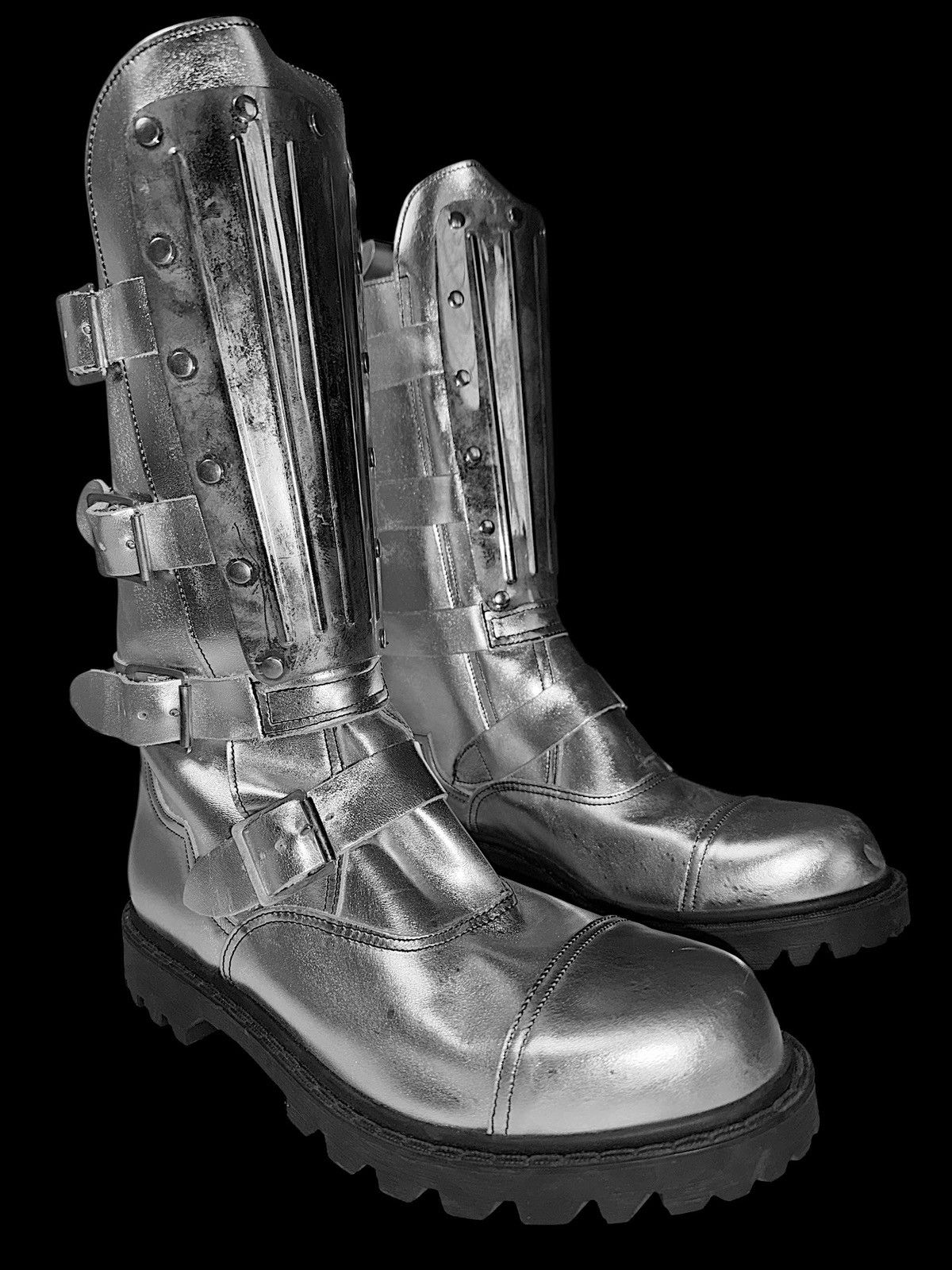 Metallic biker boots avant garde rock